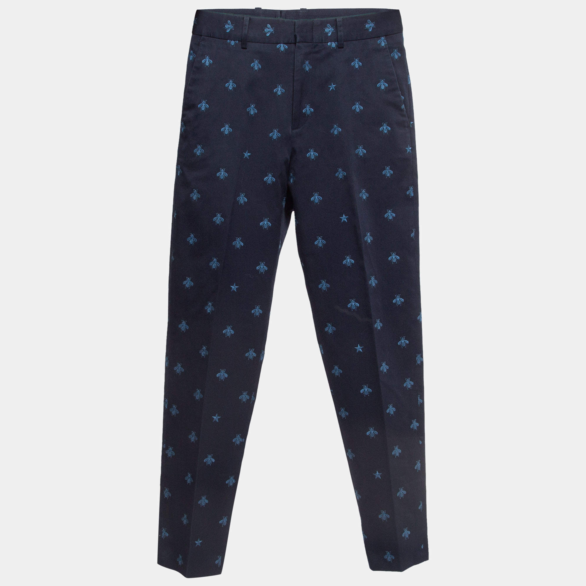 Pre Owned Gucci Cotton Bees Embroidered Cotton Slim Fit Trousers S