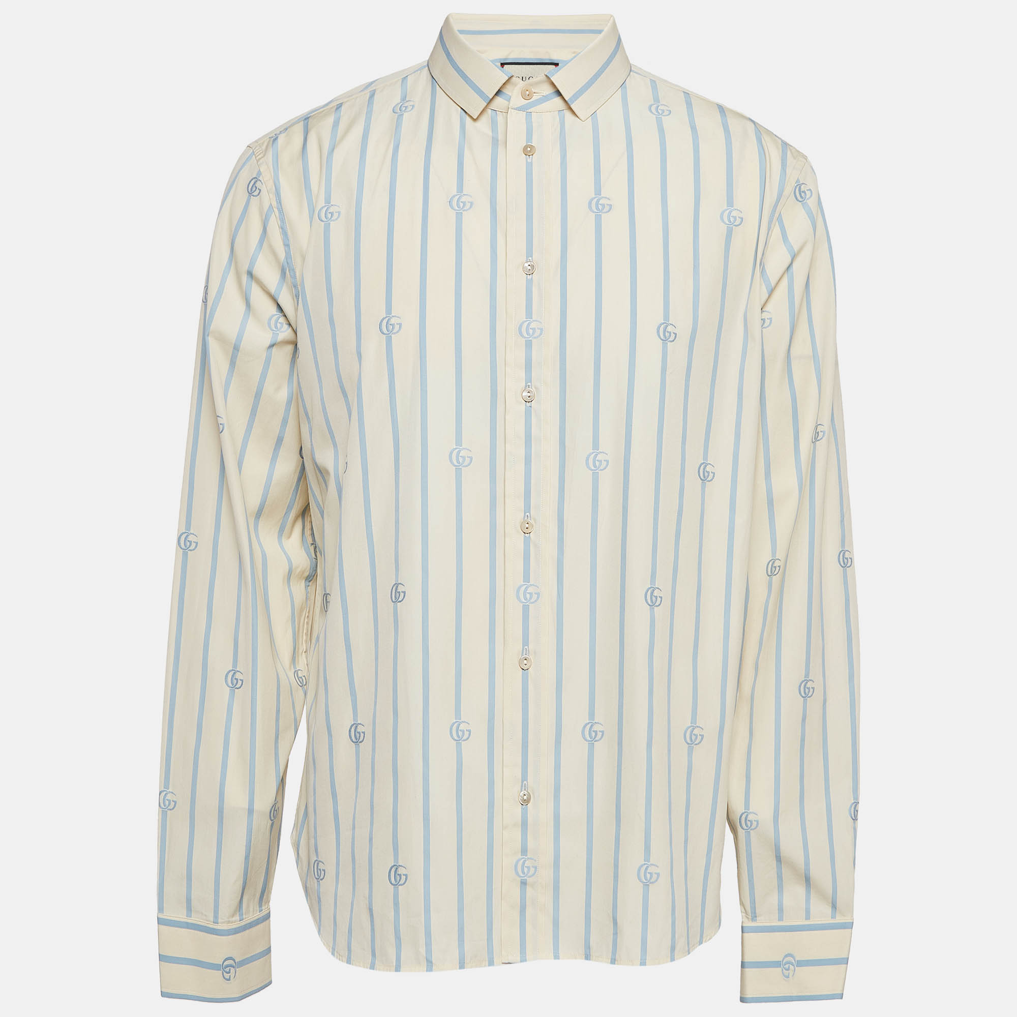 Pre Owned Gucci White/Blue Striped GG Embroidered Cotton Long Sleeve Shirt XXL