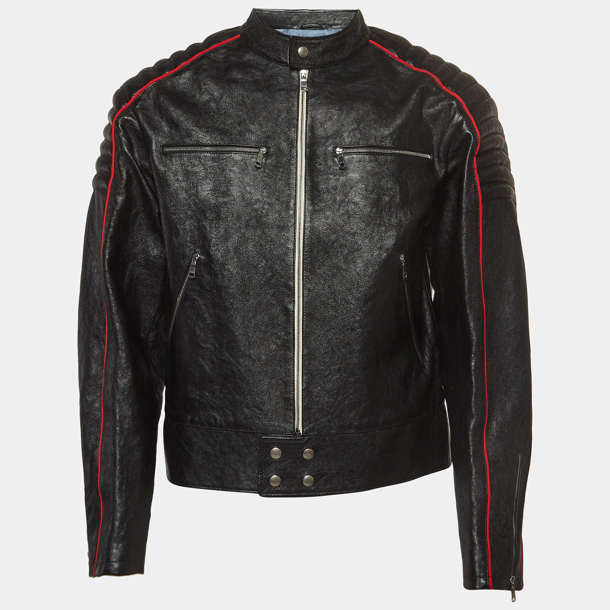 Gucci Black Logo Printed Leather Rider Jacket M