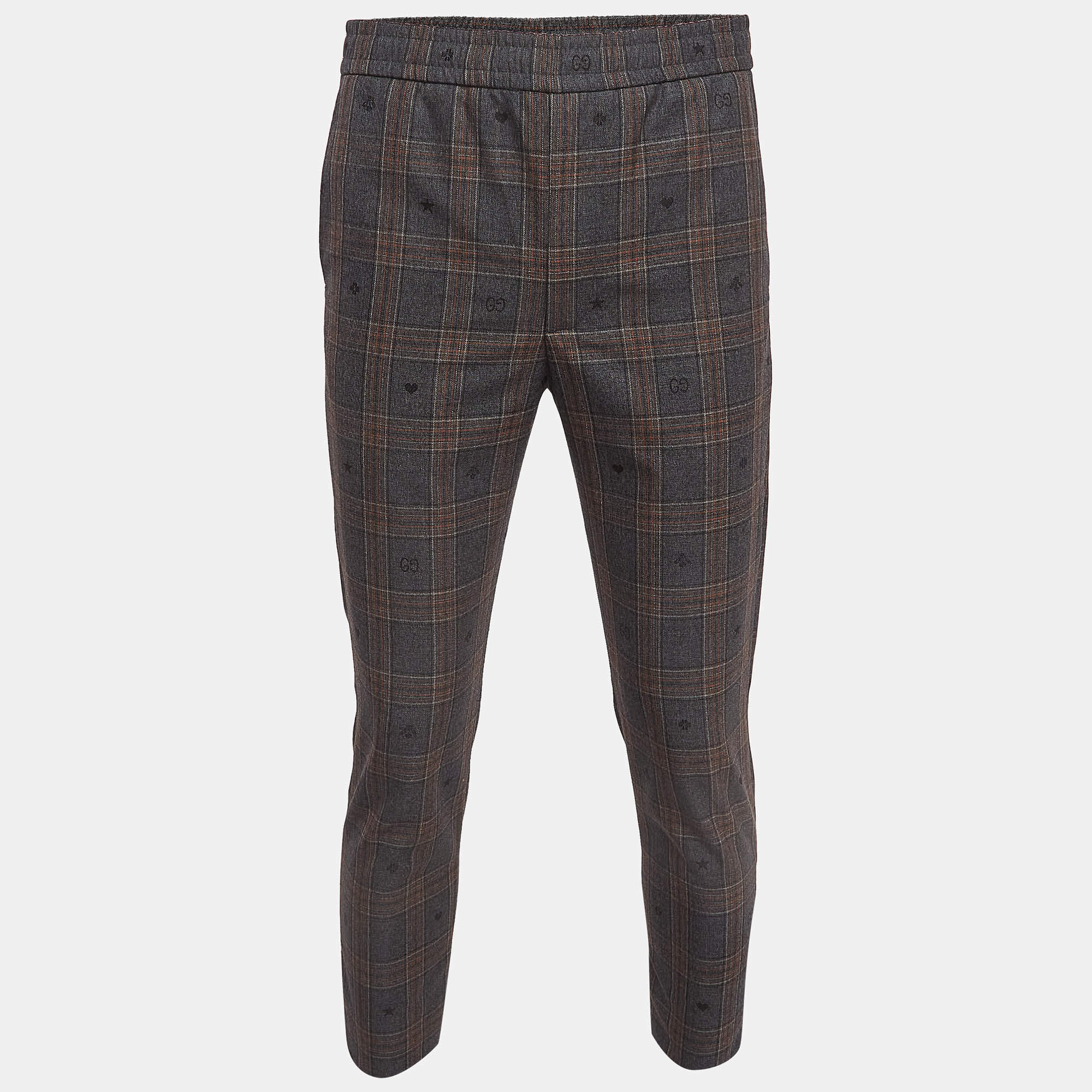 Pre Owned Gucci Grey Plaid Cotton Trousers XS