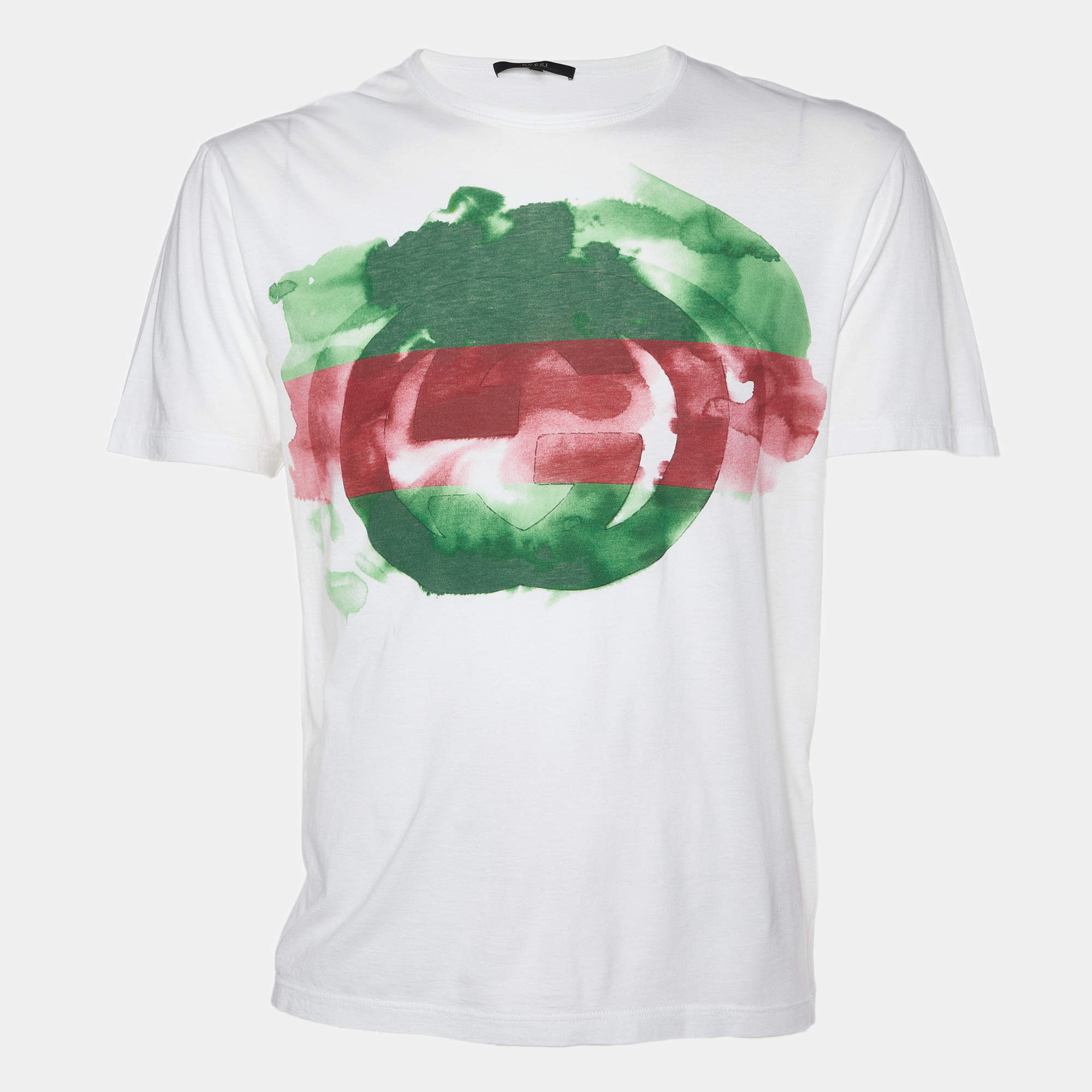 Pre Owned Gucci White Watercolor Logo Print Cotton & Modal Crew Neck T-Shirt M