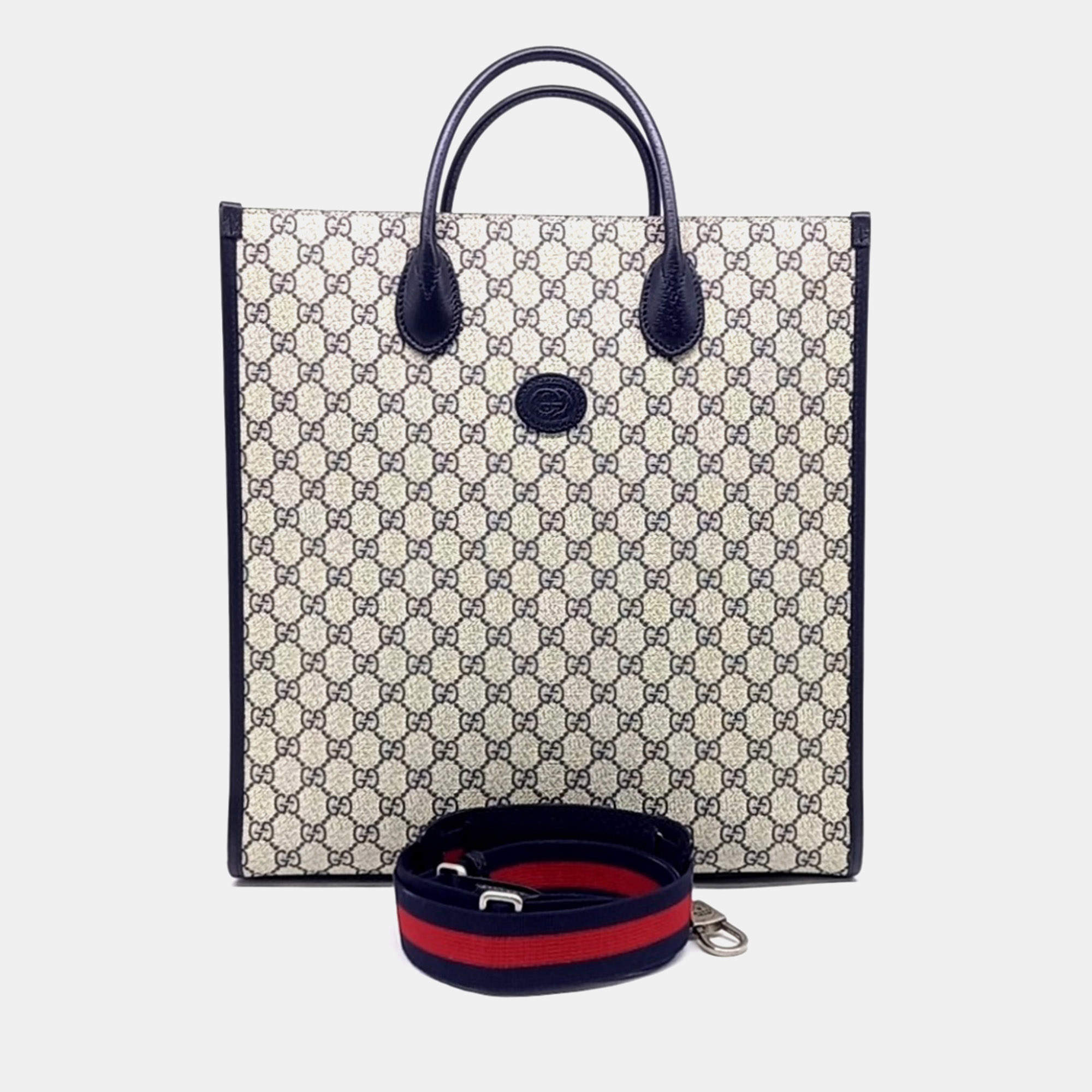 Pre Owned Gucci Cream Navy Blue PVC Interlocking G Medium Tote and Shoulder Bag (674155)