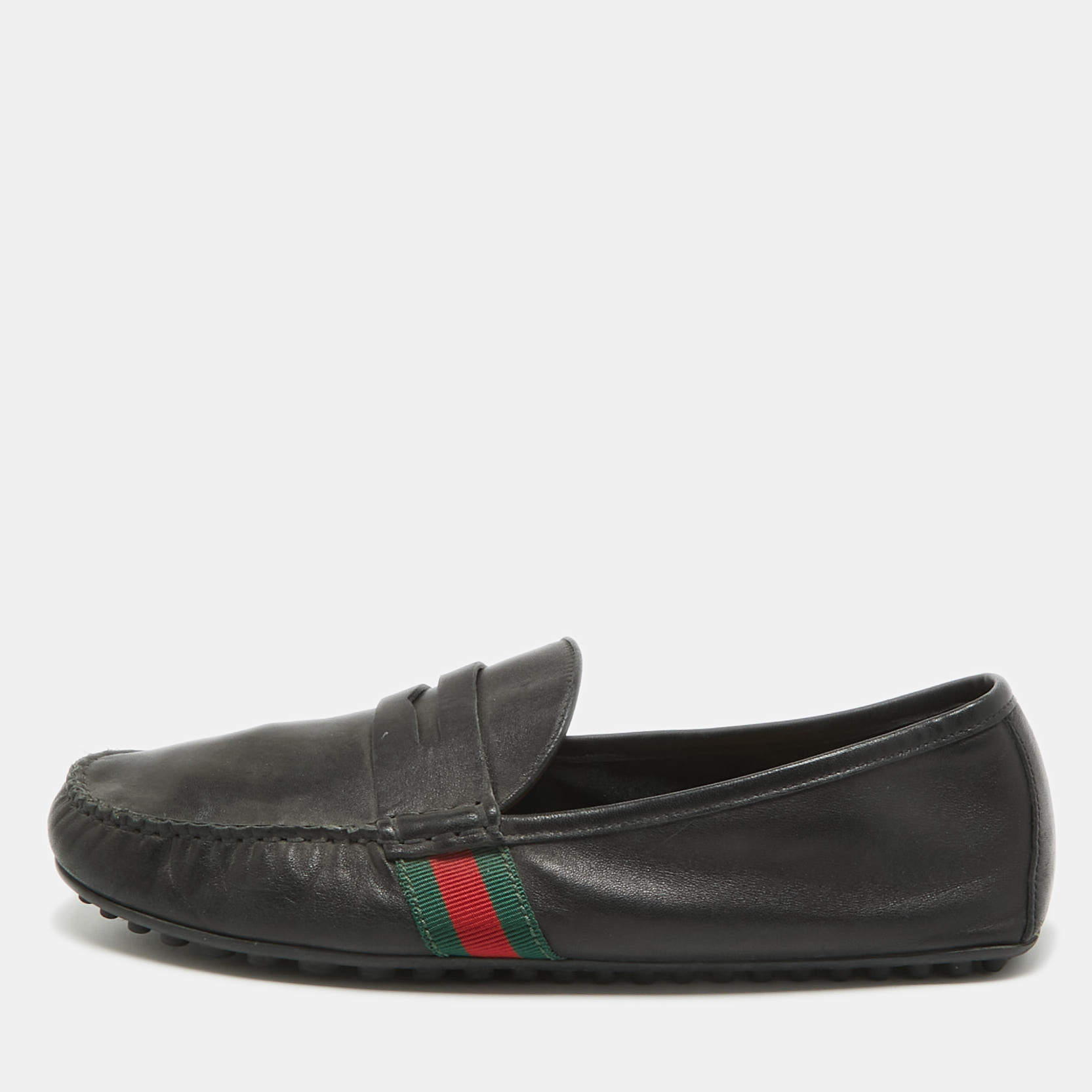 Gucci Black Leather Web Penny Loafers Size 42.5 