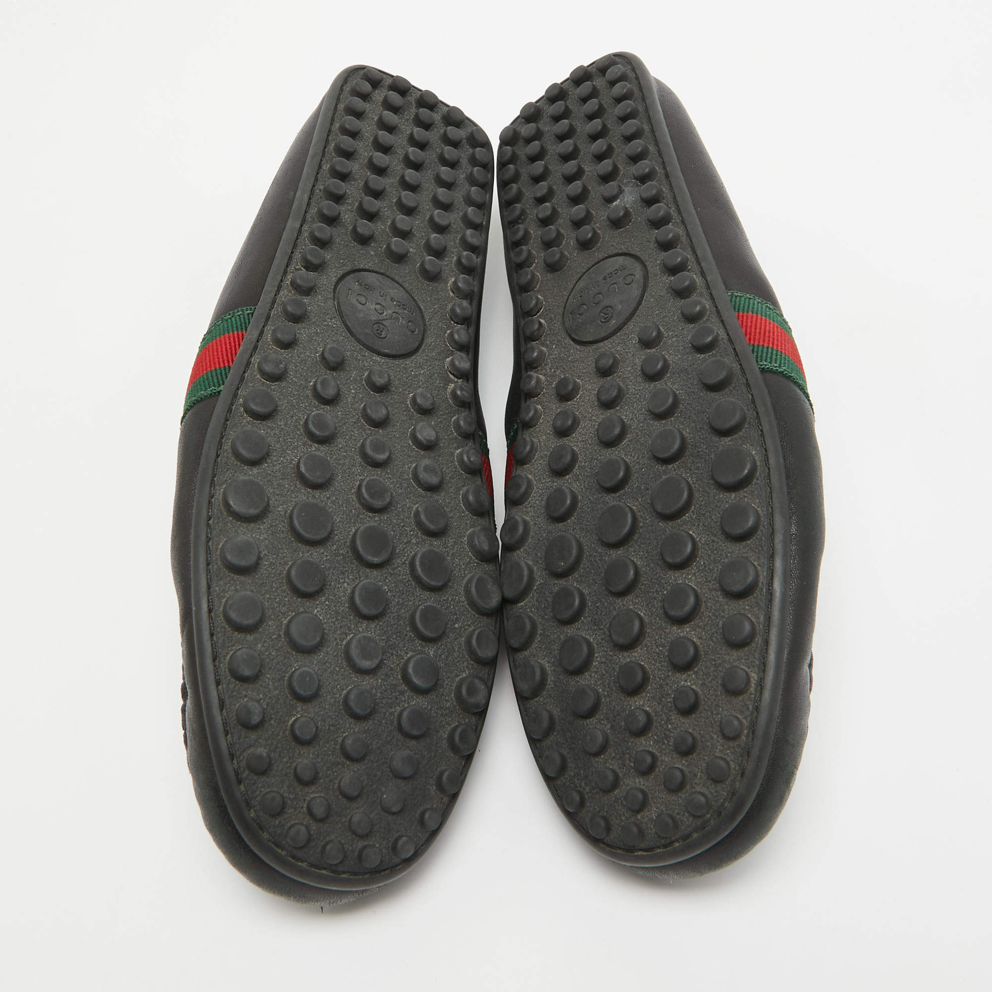 Pre Owned Gucci Black Leather Web Penny Loafers Size 42.5 