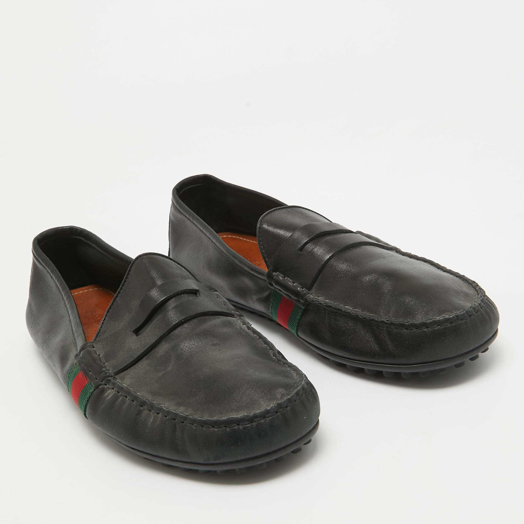Pre Owned Gucci Black Leather Web Penny Loafers Size 42.5 