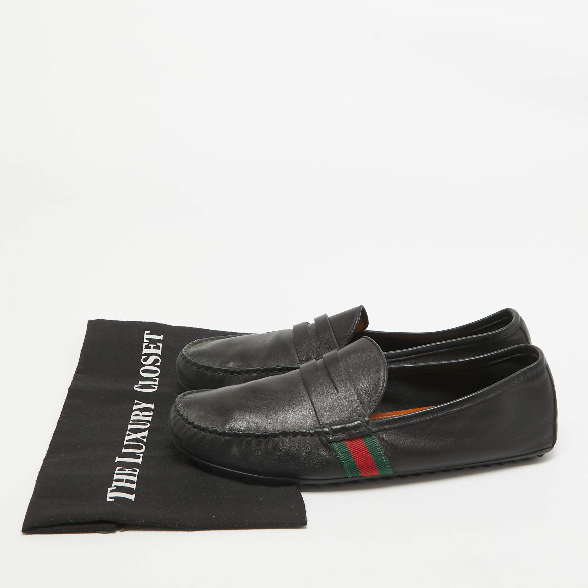 Pre Owned Gucci Black Leather Web Penny Loafers Size 42.5 