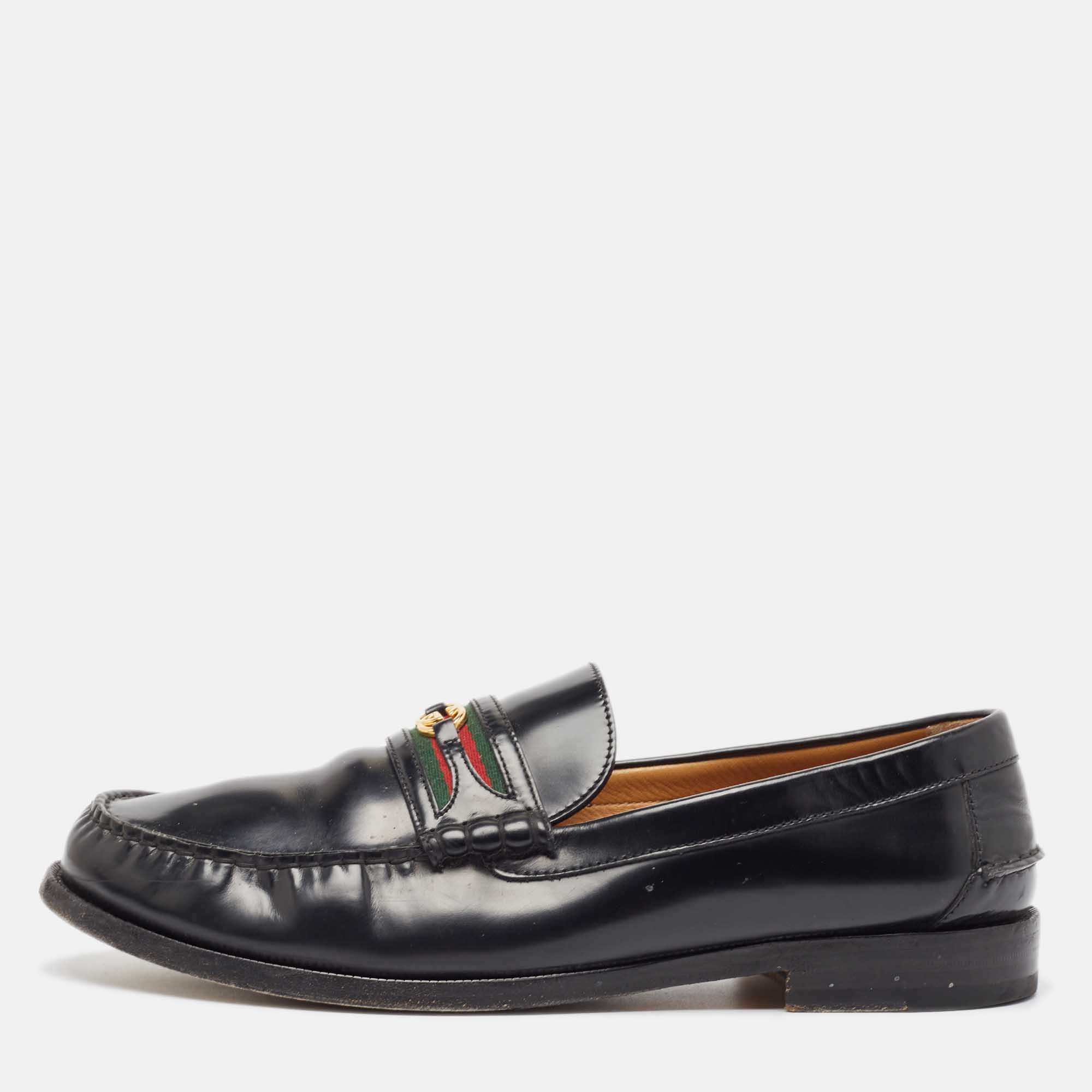 Gucci Black Leather Web Slip On Loafers  47.5