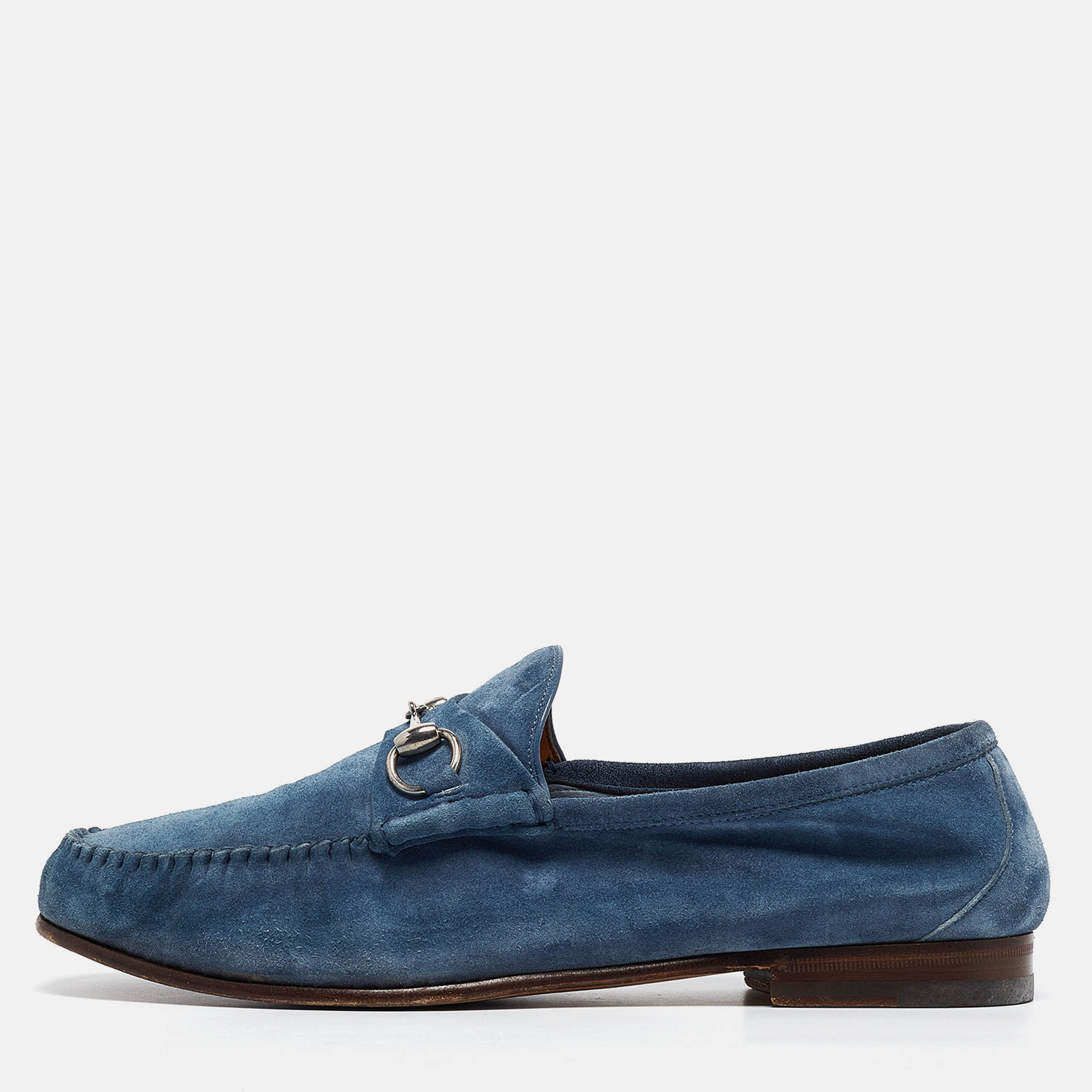 Pre Owned Gucci Blue Suede Horsebit Slip On Loafers Size 44.5