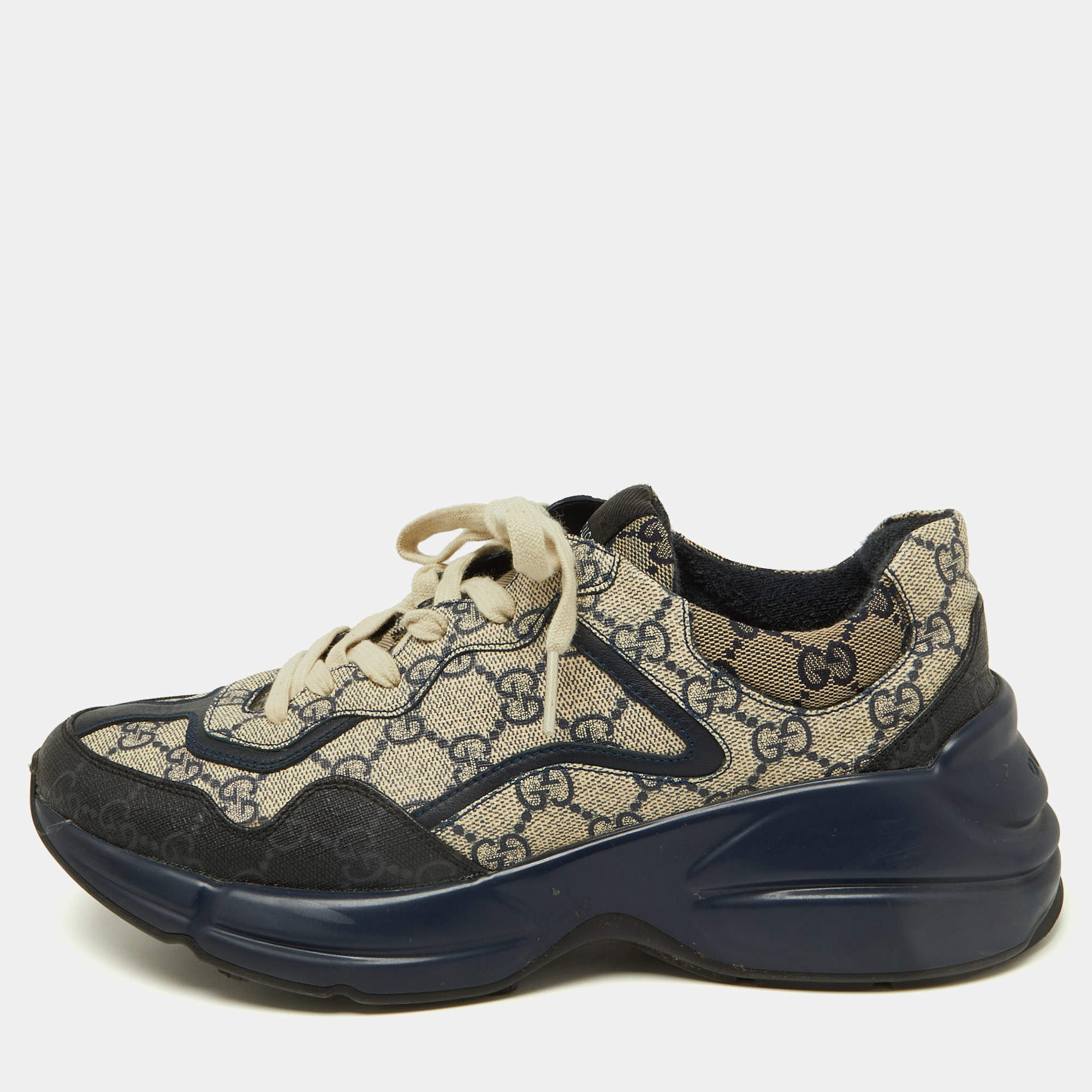 Gucci Beige/Navy Blue GG Supreme Canvas Rhyton Sneakers Size 40