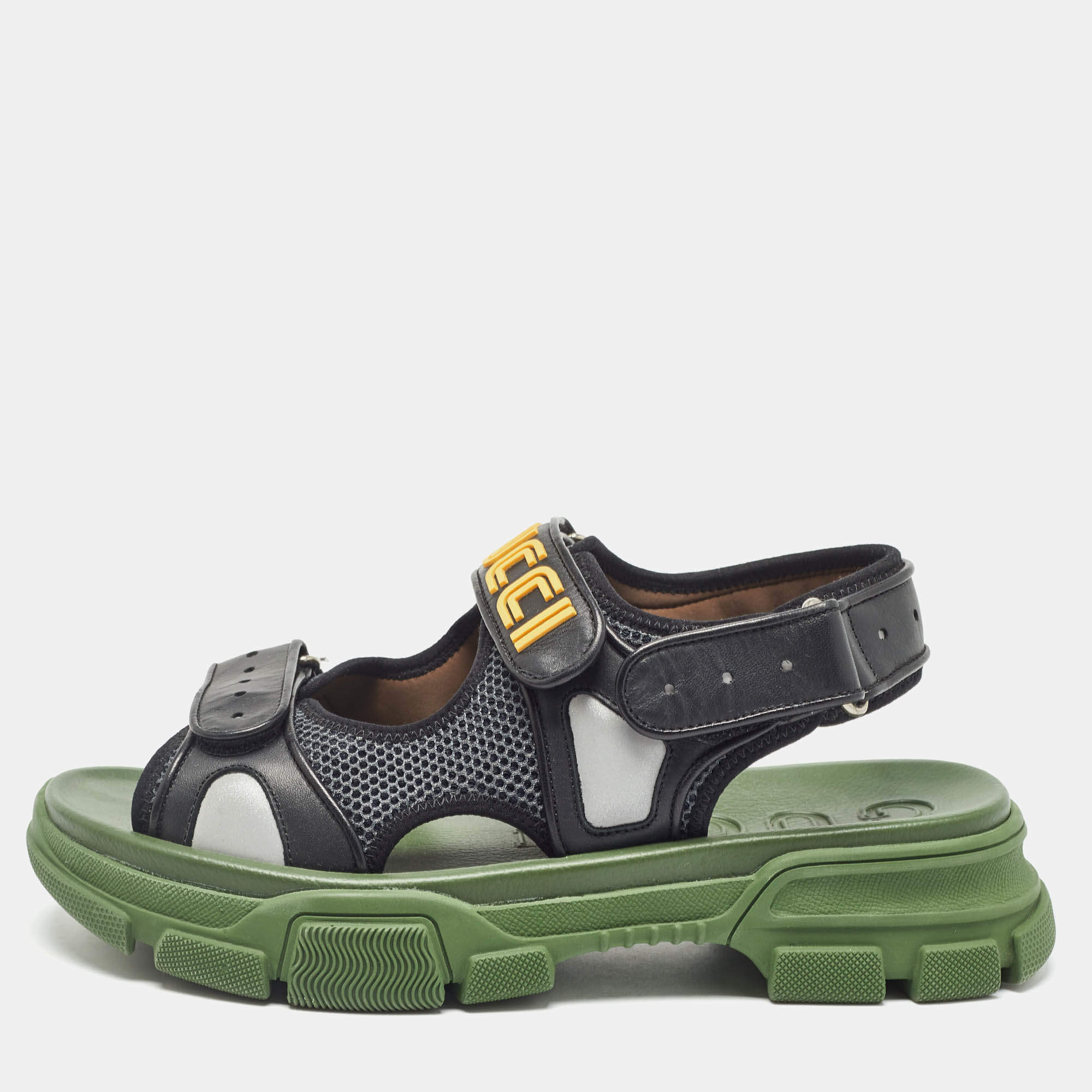 Pre Owned Gucci Black/Green Leather and Mesh Sega Velcro Slingback Sandals Size 44