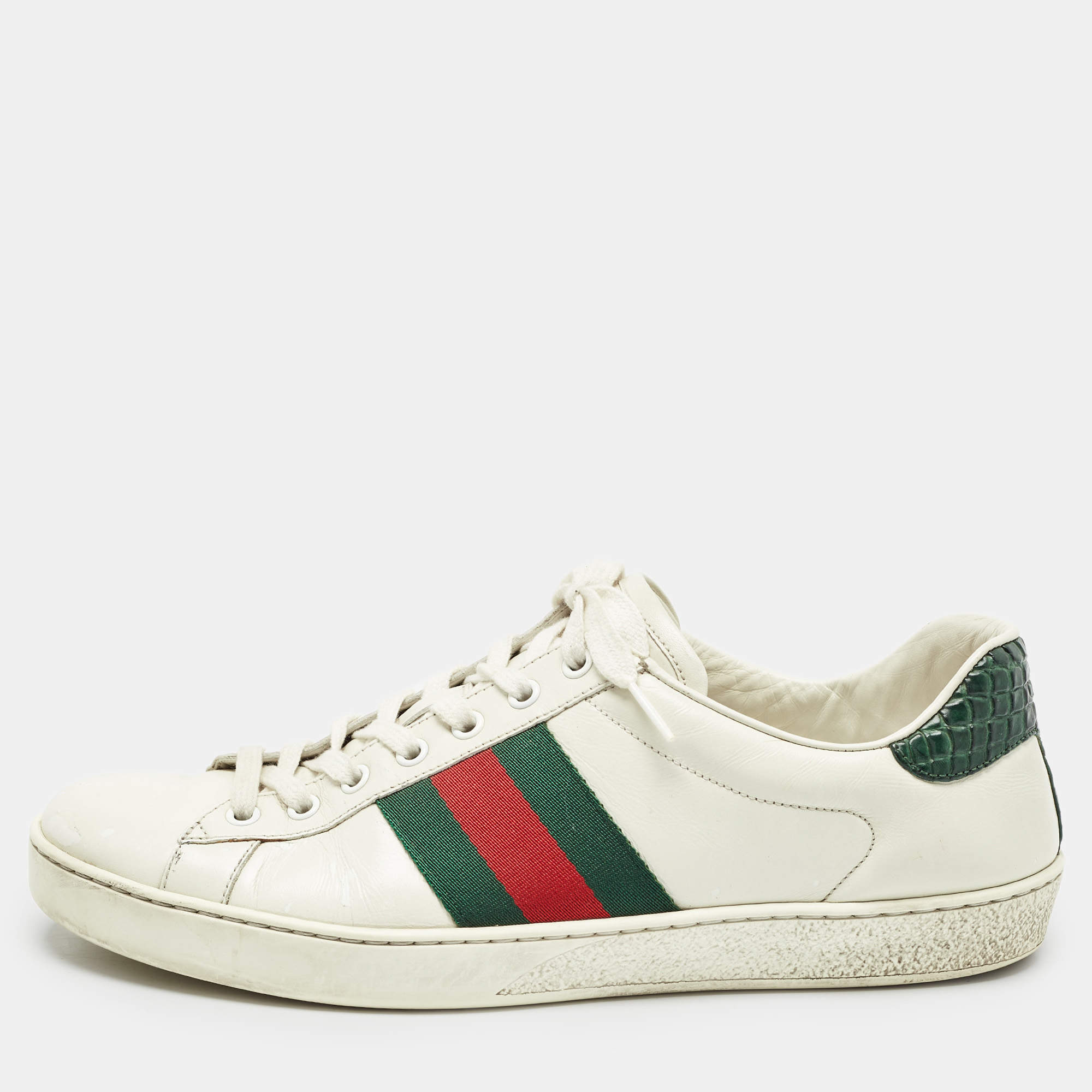 Gucci White Leather and Crocodile Web Ace Sneakers Size 43.5