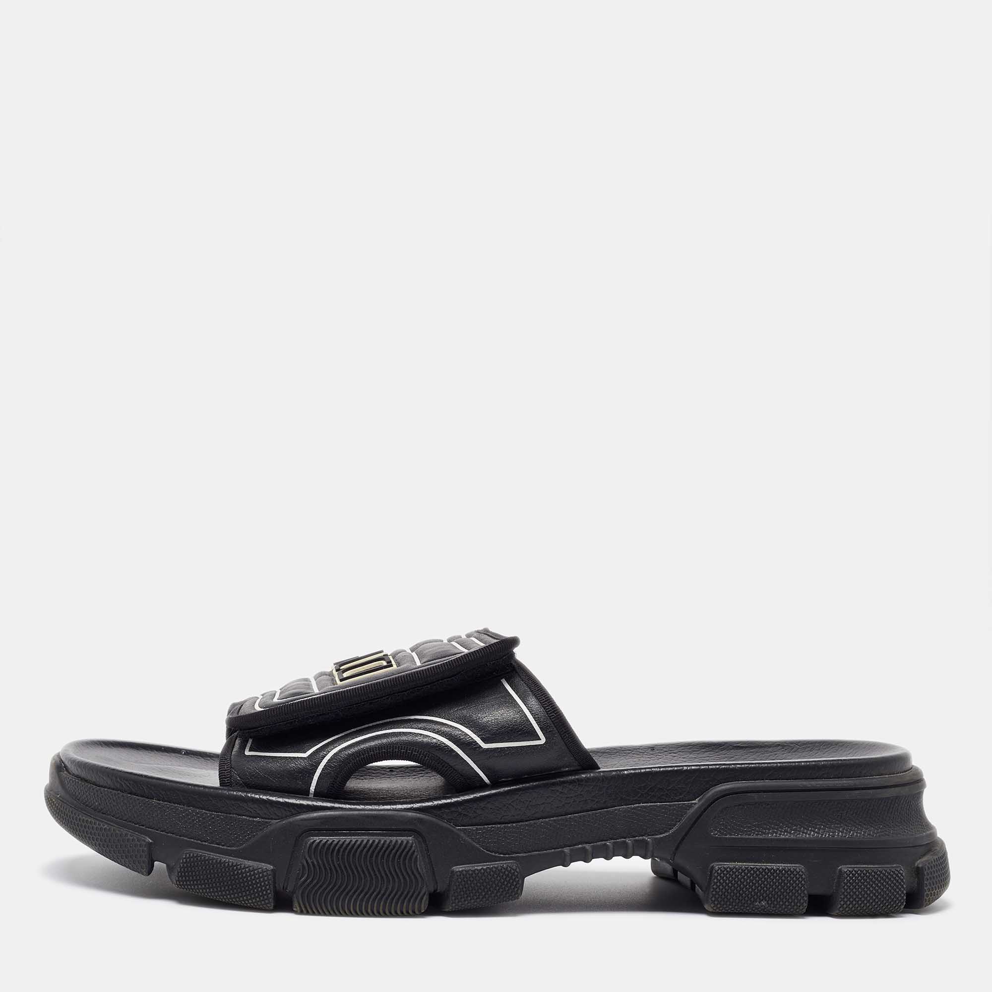 Pre Owned Gucci Black Leather Chunky Slide Sandals Size 45
