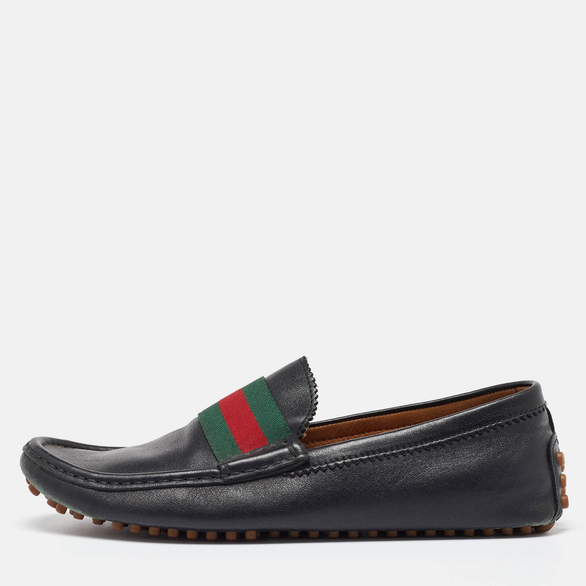 Gucci Black Leather Web Trim Slip On Loafers Size 41.5
