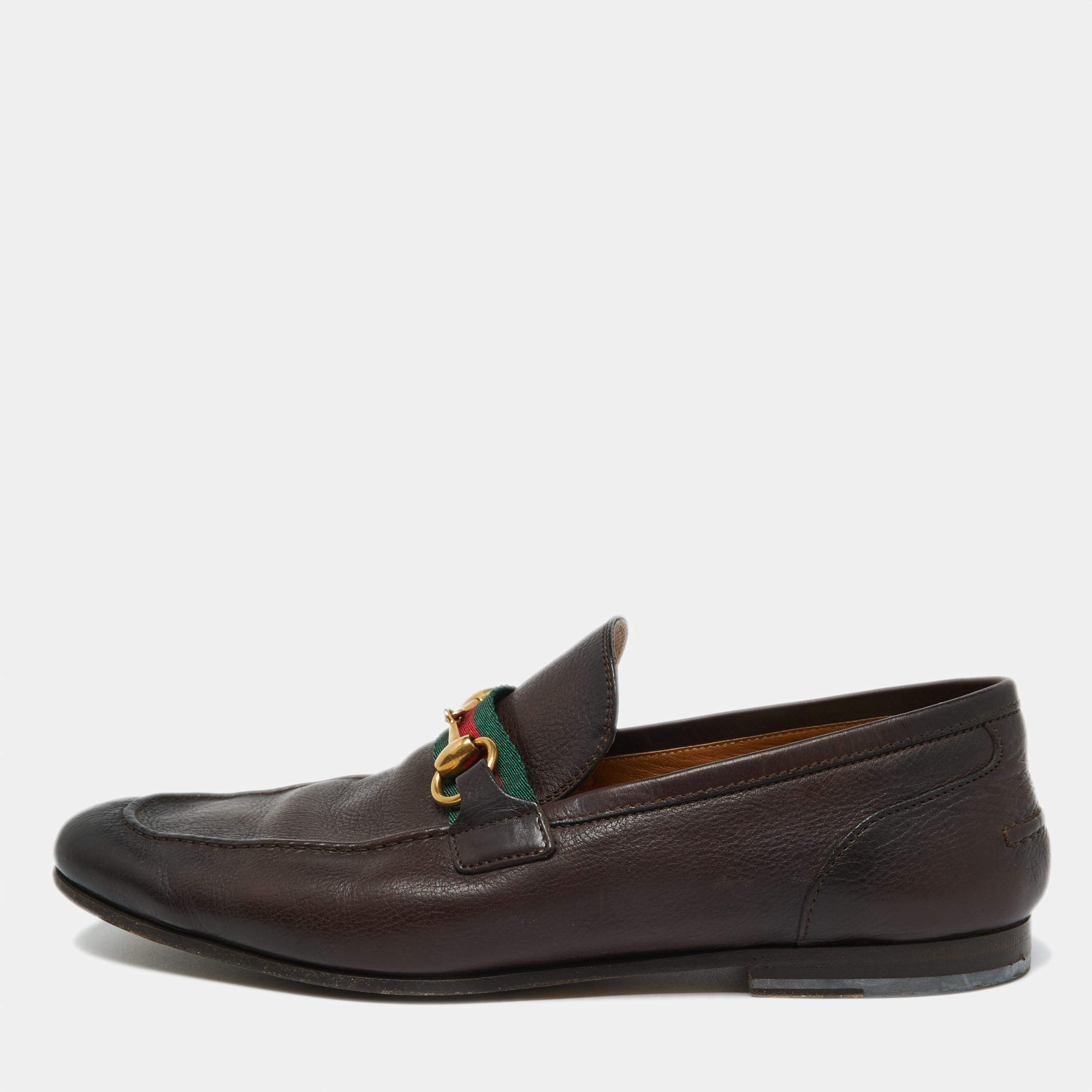 Gucci Dark Brown Leather Horsebit Web Slip On Loafers Size 41