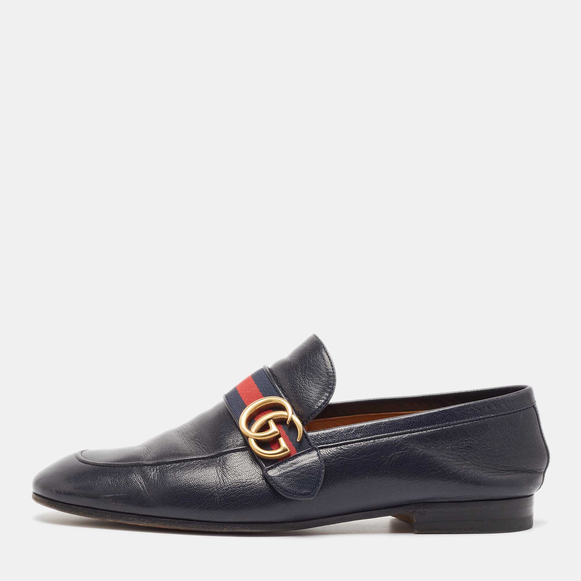 Gucci Navy Blue Leather GG Web Slip On Loafers Size 42.5