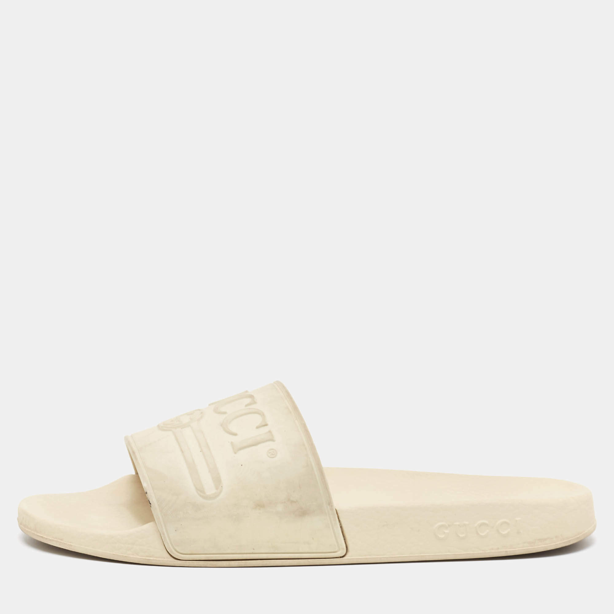 Pre Owned Gucci Off White Rubber Pursuit Logo Embossed Pool Slides Size 45