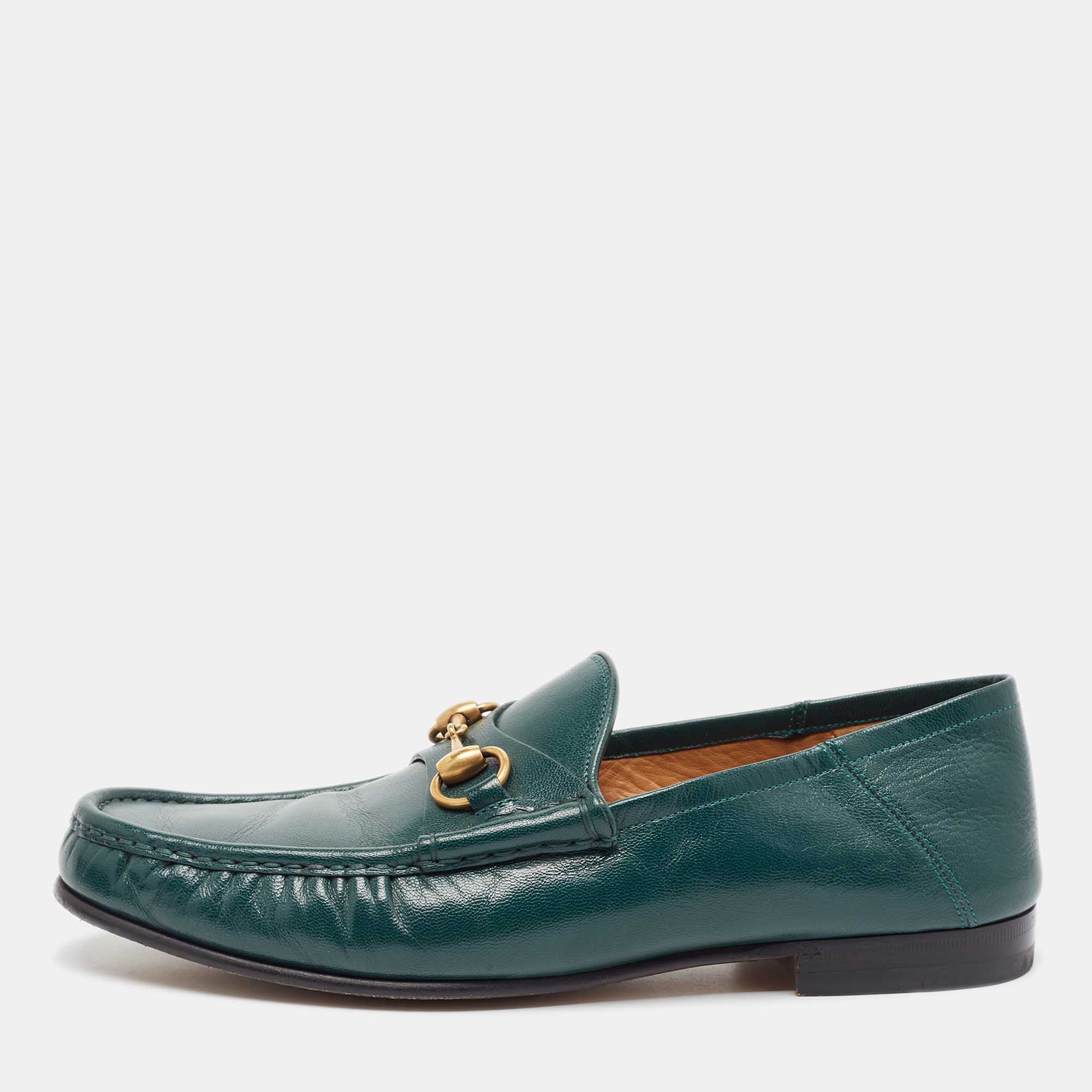 Pre Owned Gucci Green Leather Horsebit Loafers Size 42.5