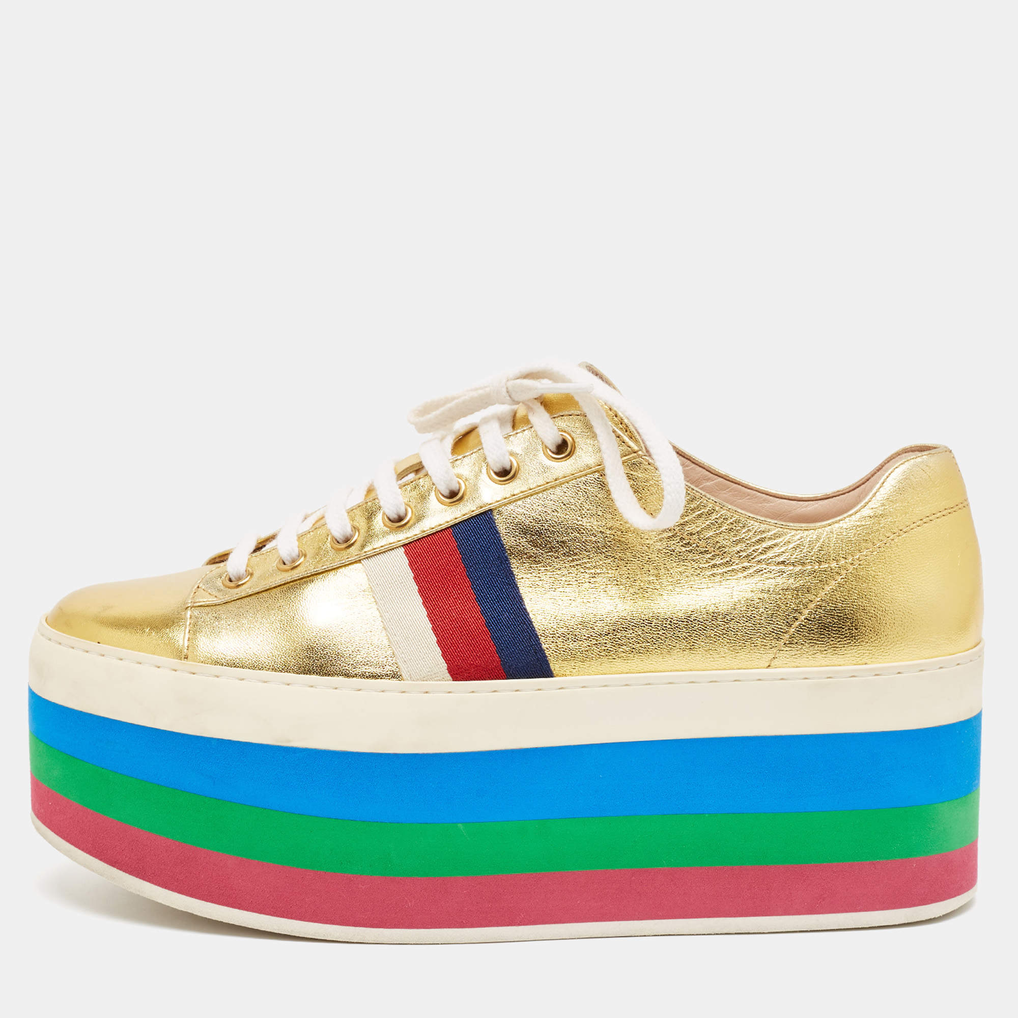 Pre Owned Gucci Gold Leather Peggy Lace Up Sneakers Size 40