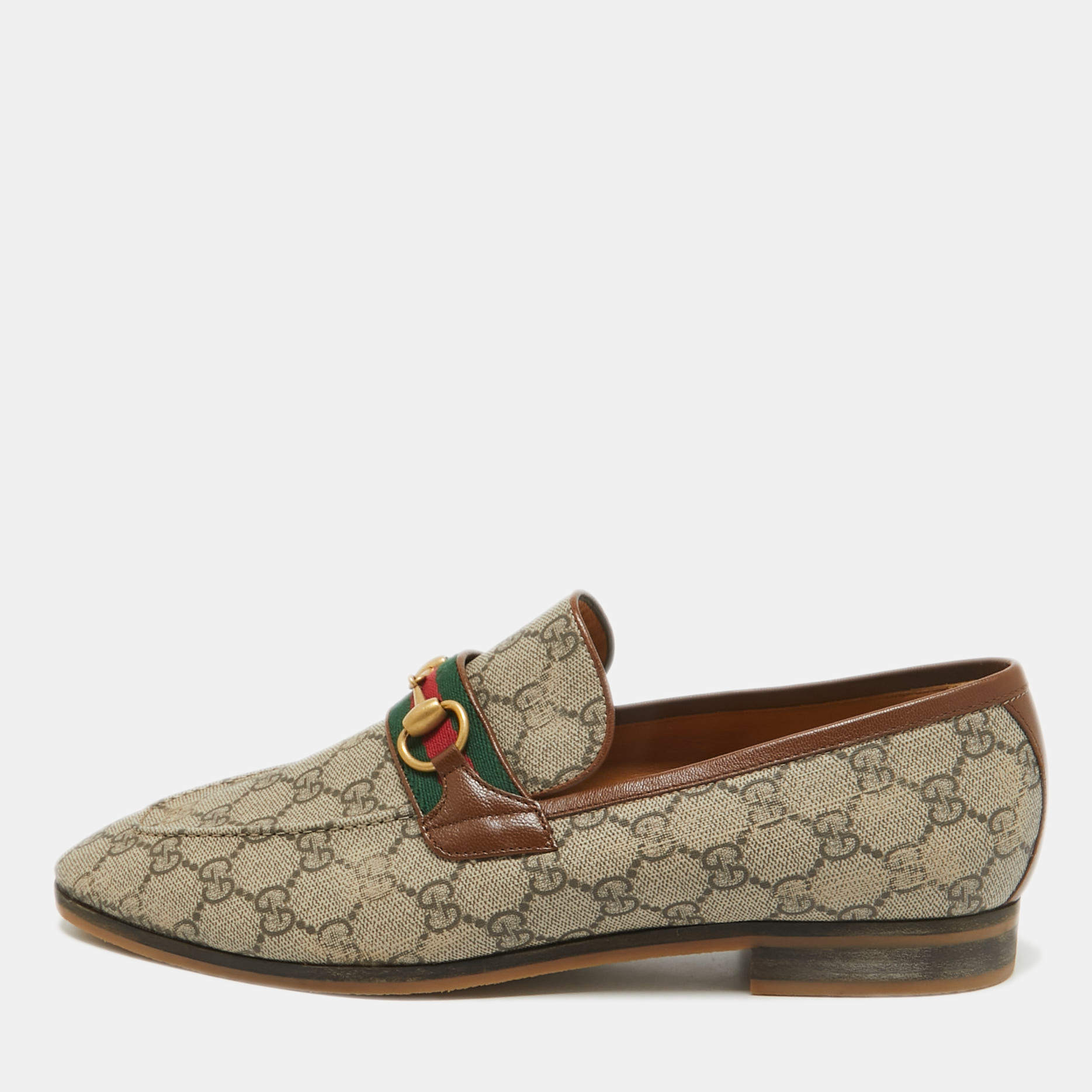 Gucci Brown GG Canvas Web Driver Loafers Size 45