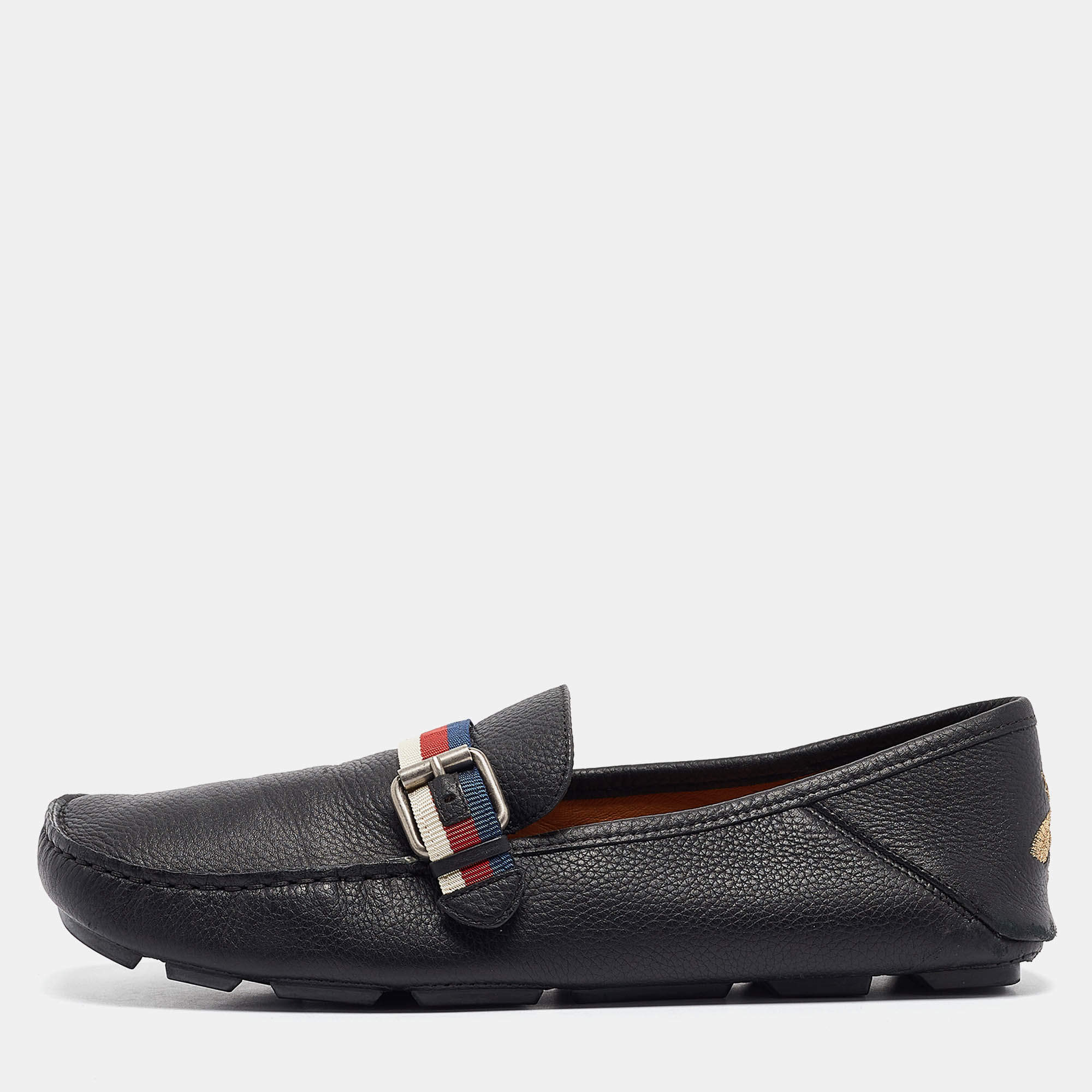 Gucci Black Leather Bee Embroidered Web Loafers Size 41.5