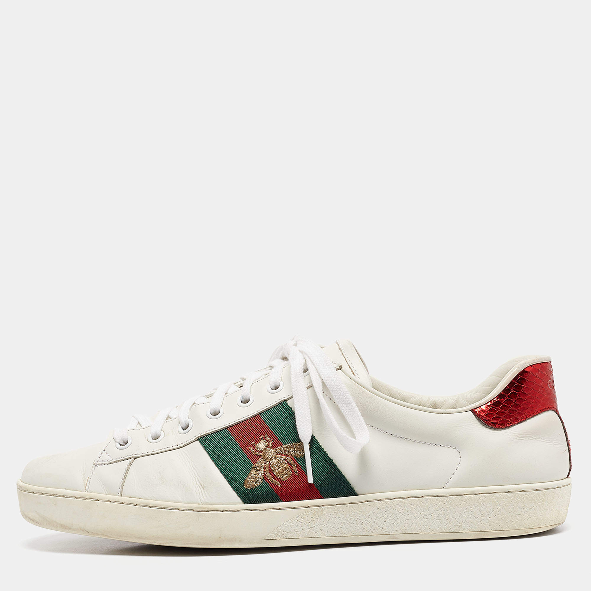 Gucci White Leather Ace Web Lace Up Sneakers Size 44