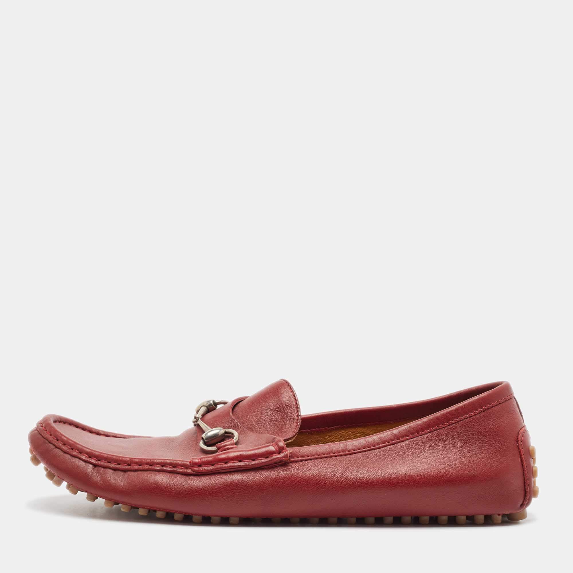 Pre Owned Gucci Burgundy Leather Horsebit Loafers Size 44.5
