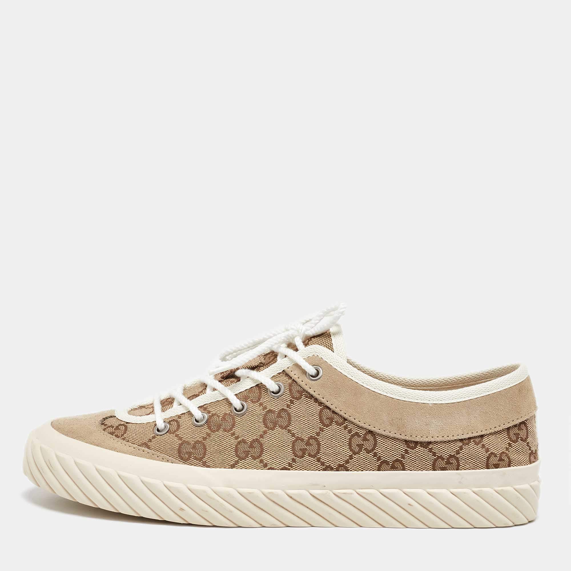 مملوكة مسبقًا Gucci Gucci Brown/Beige GG Canvas and Suede Sneakers Size 42