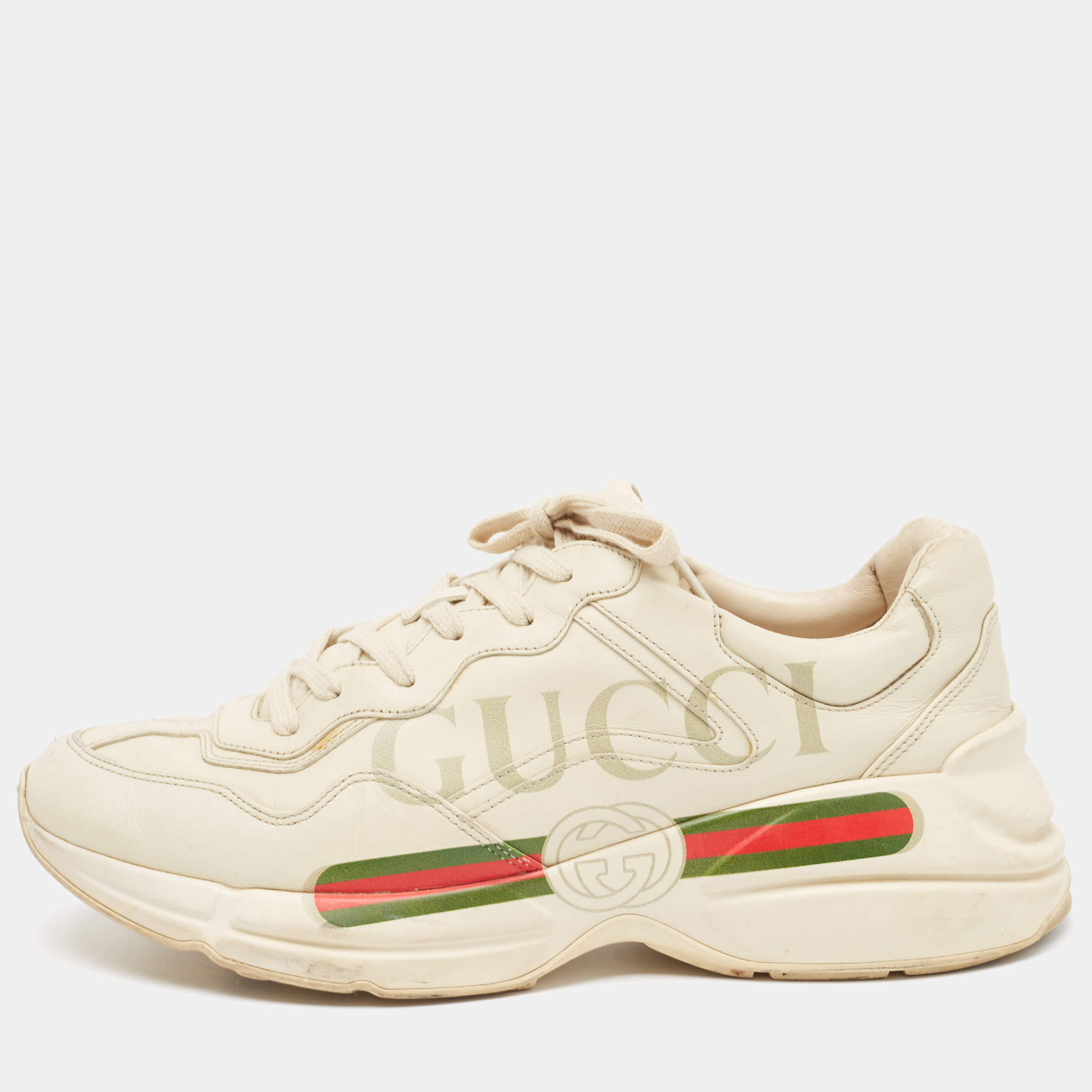 مملوكة مسبقًا Gucci Cream Leather Rhyton Lace Up Sneakers Size 44