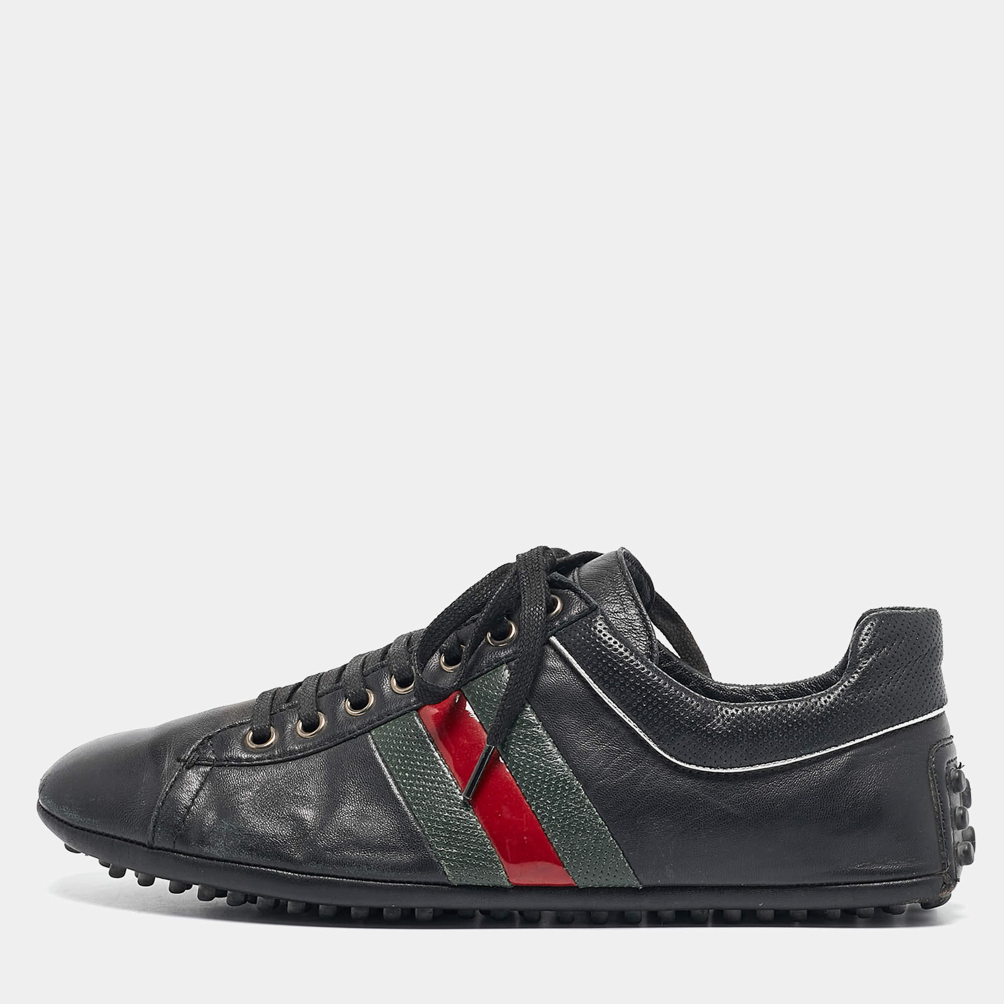 Gucci Black Leather Web Low Top Sneakers Size 41