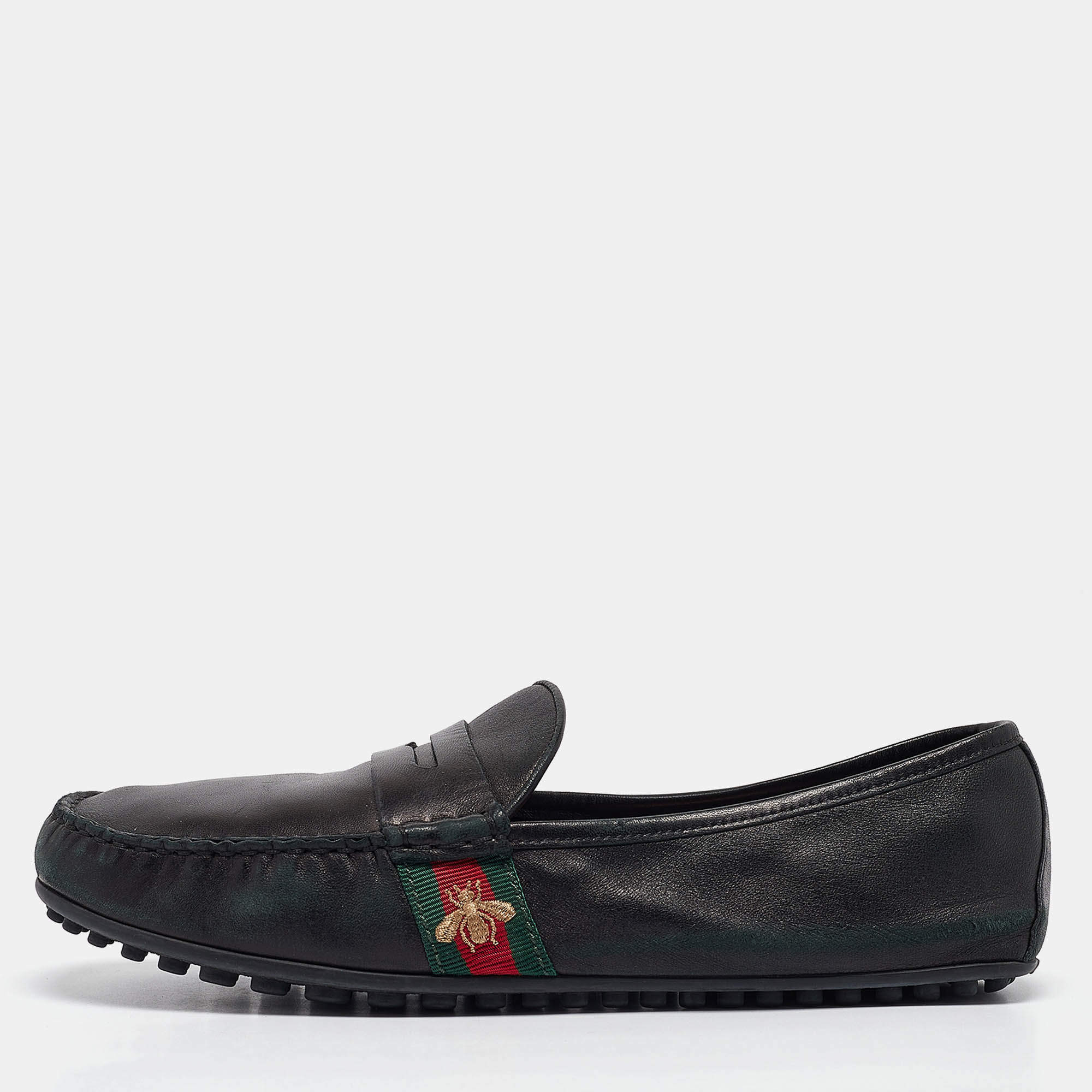 Pre Owned Gucci Black Leather Driver Loafers Size 43.5