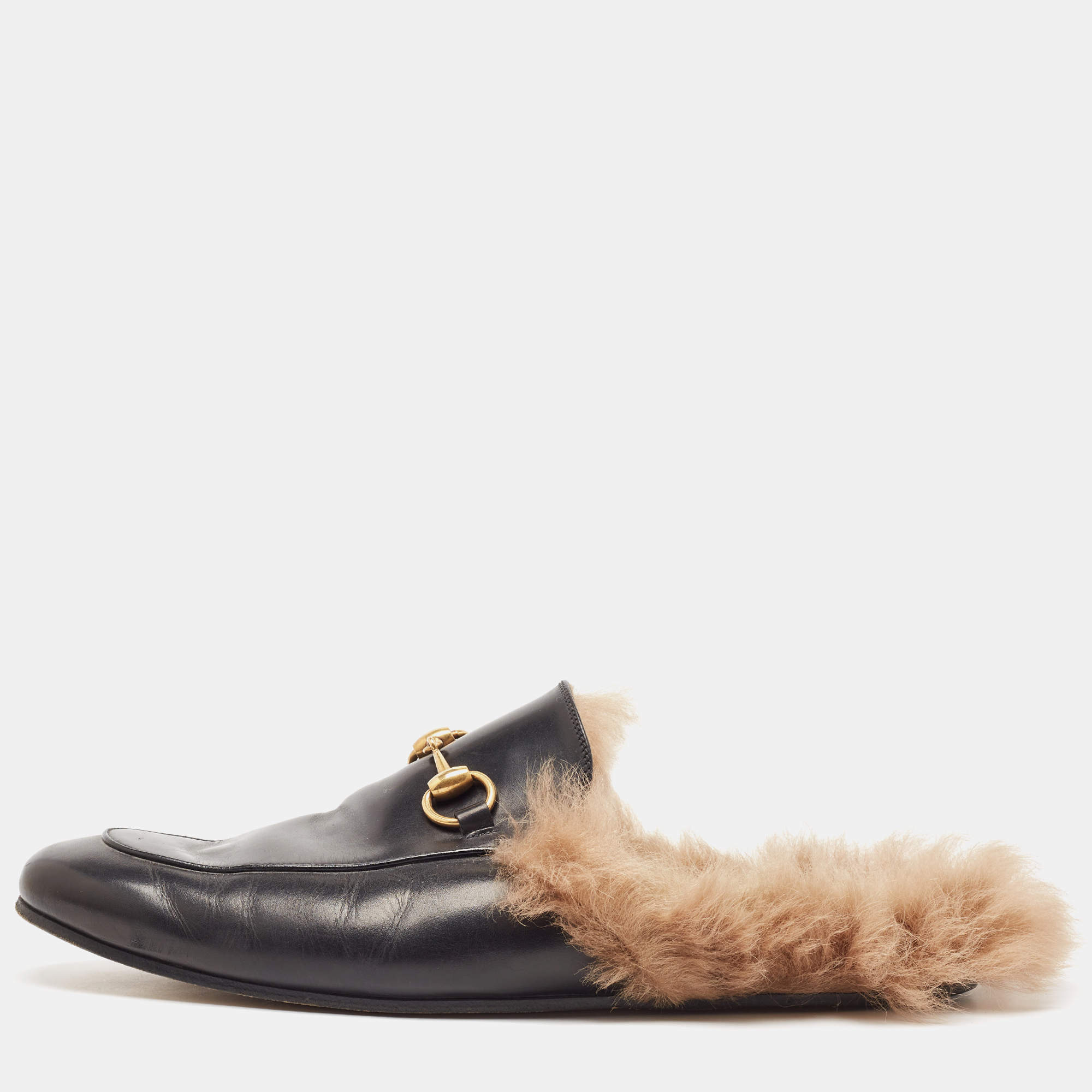 Gucci Black Fur and Leather Princetown Mules Size 43