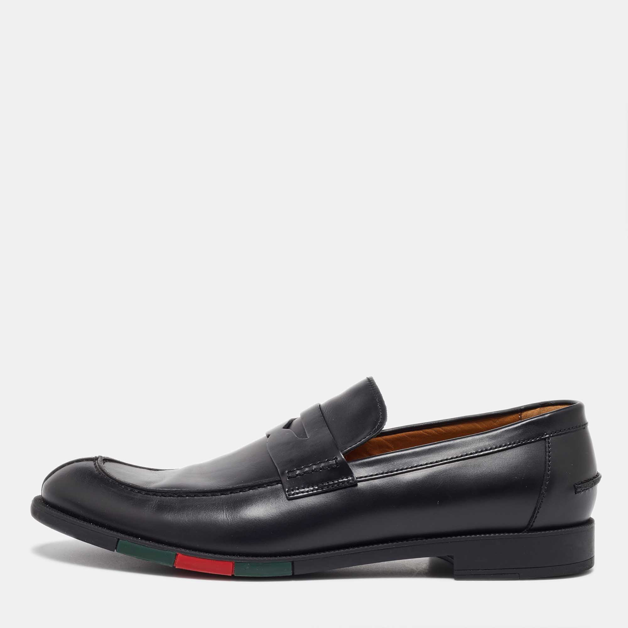 Pre Owned Gucci Black Leather Slip on Loafers Size 43