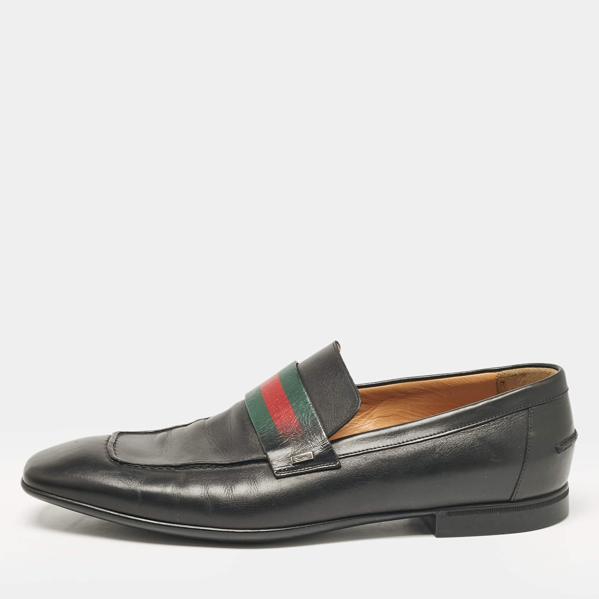 Pre Owned  Change the title to Gucci Black Leather Web Slip On Loafers Size 44