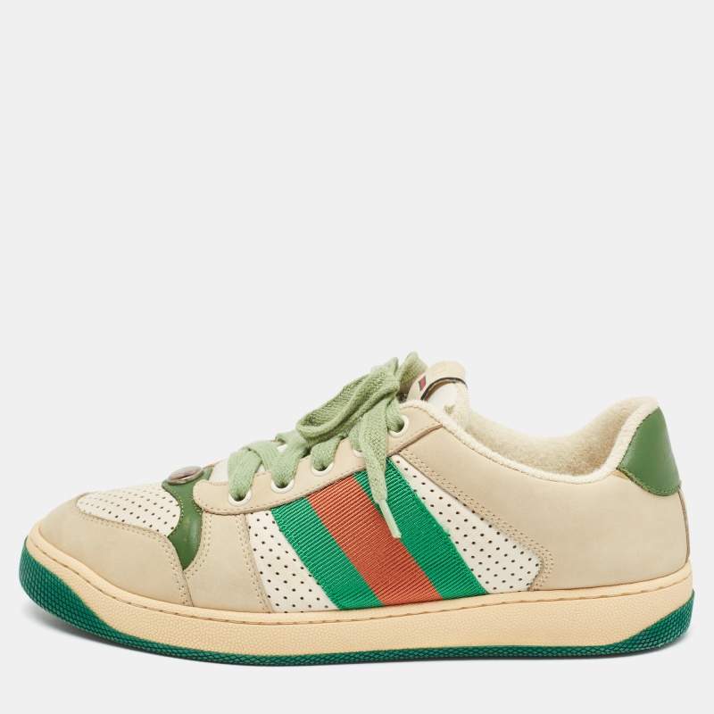 Gucci Grey/Green Leather and Nubuck Leather Screener Lace Up Sneakers Size 39.5