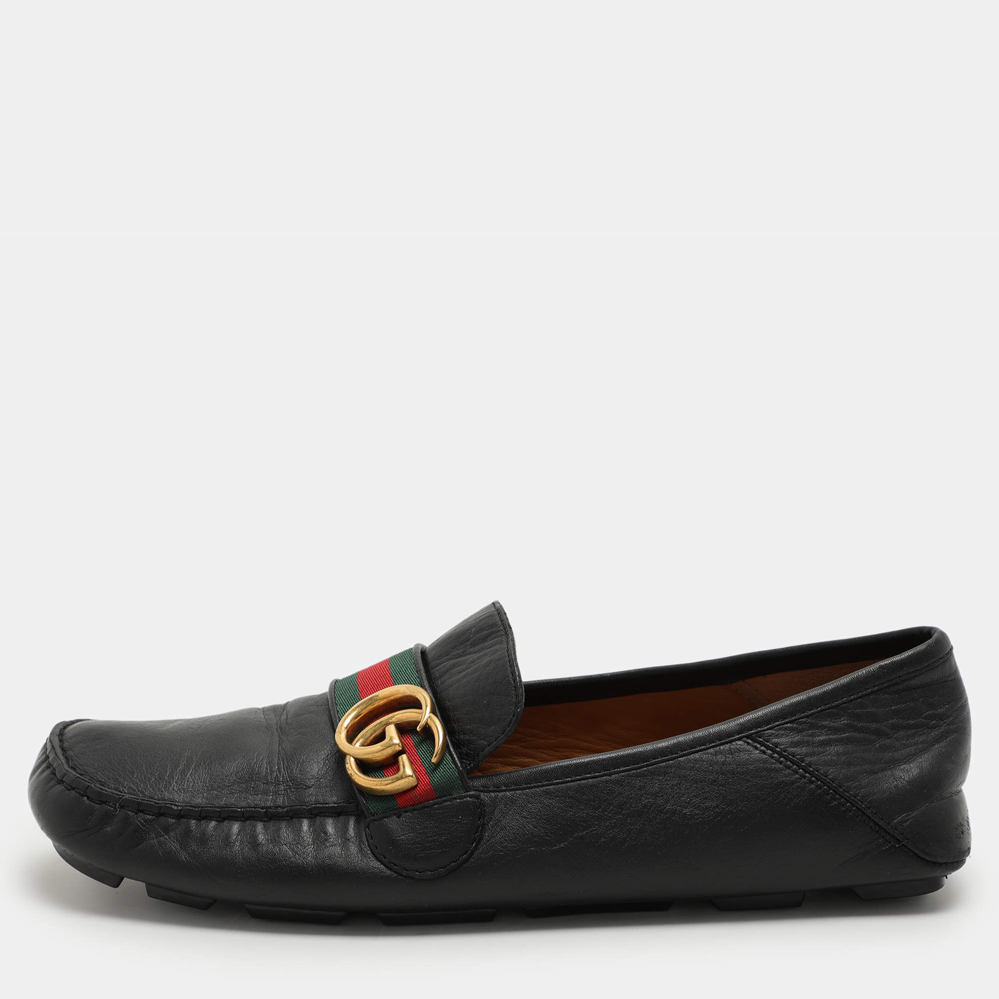 Gucci Black Leather Web GG Marmont Loafers Size 42
