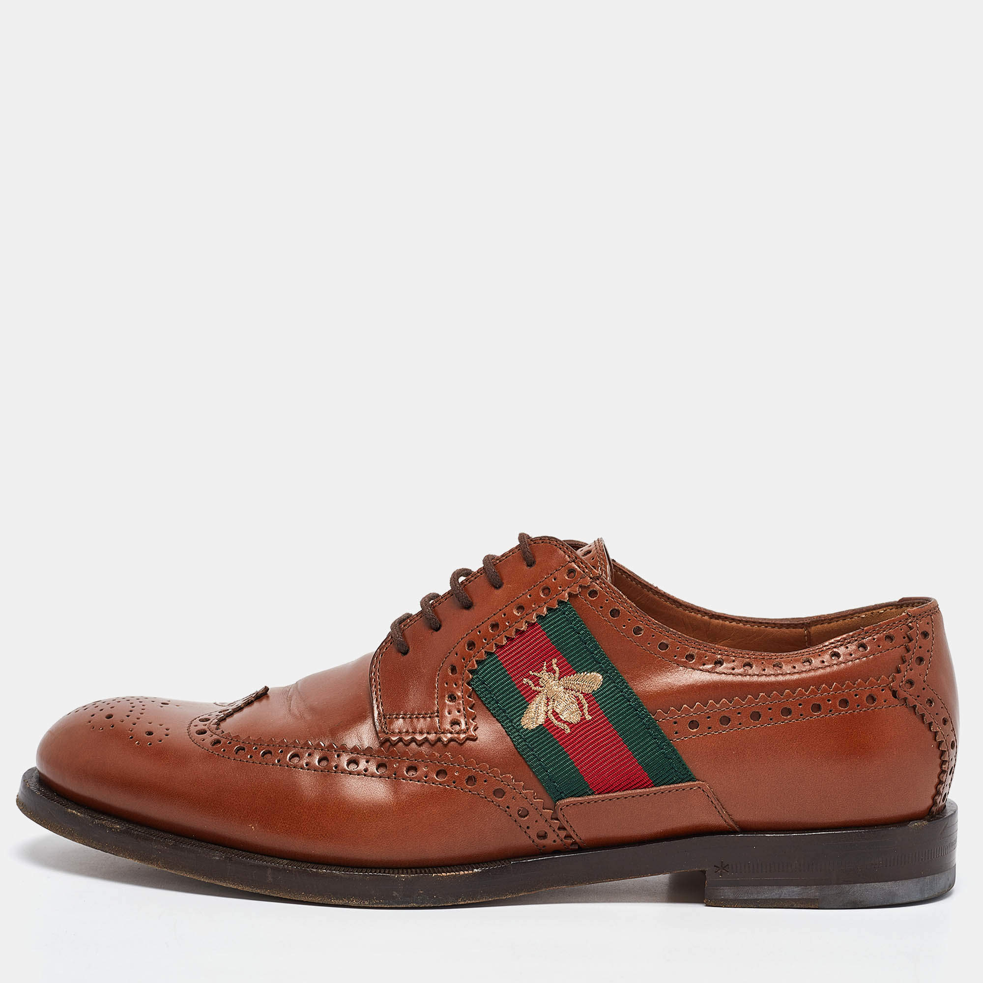 Pre Owned Gucci Brown Leather Bee Embroidered Brogue Derby Size 44