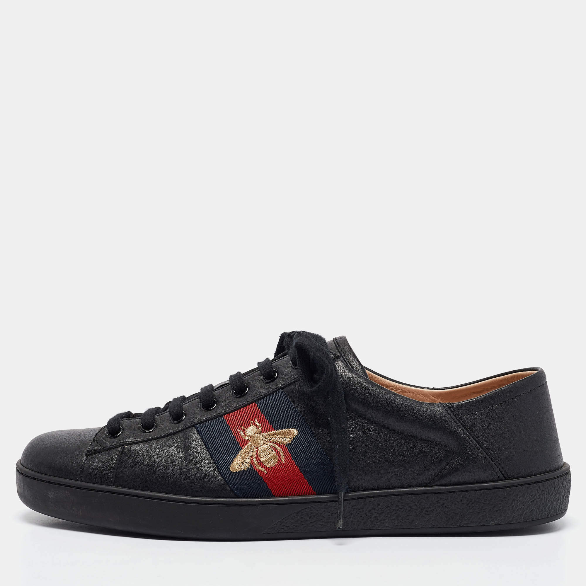 Gucci Black Leather Embroidered Bee Ace Sneakers Size 44