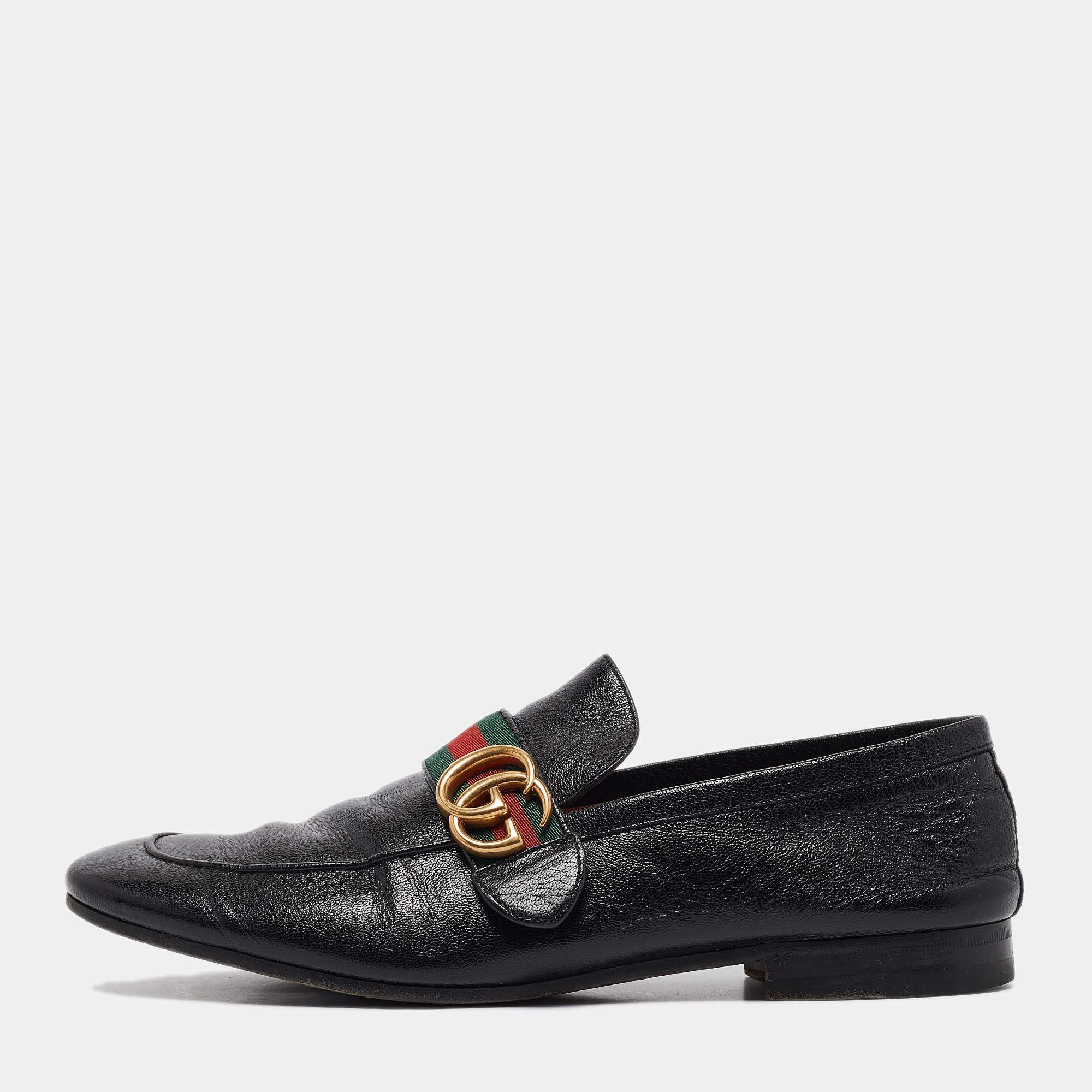 Pre Owned Gucci Black Leather GG Marmont Web Slip on Loafers Size 42.5
