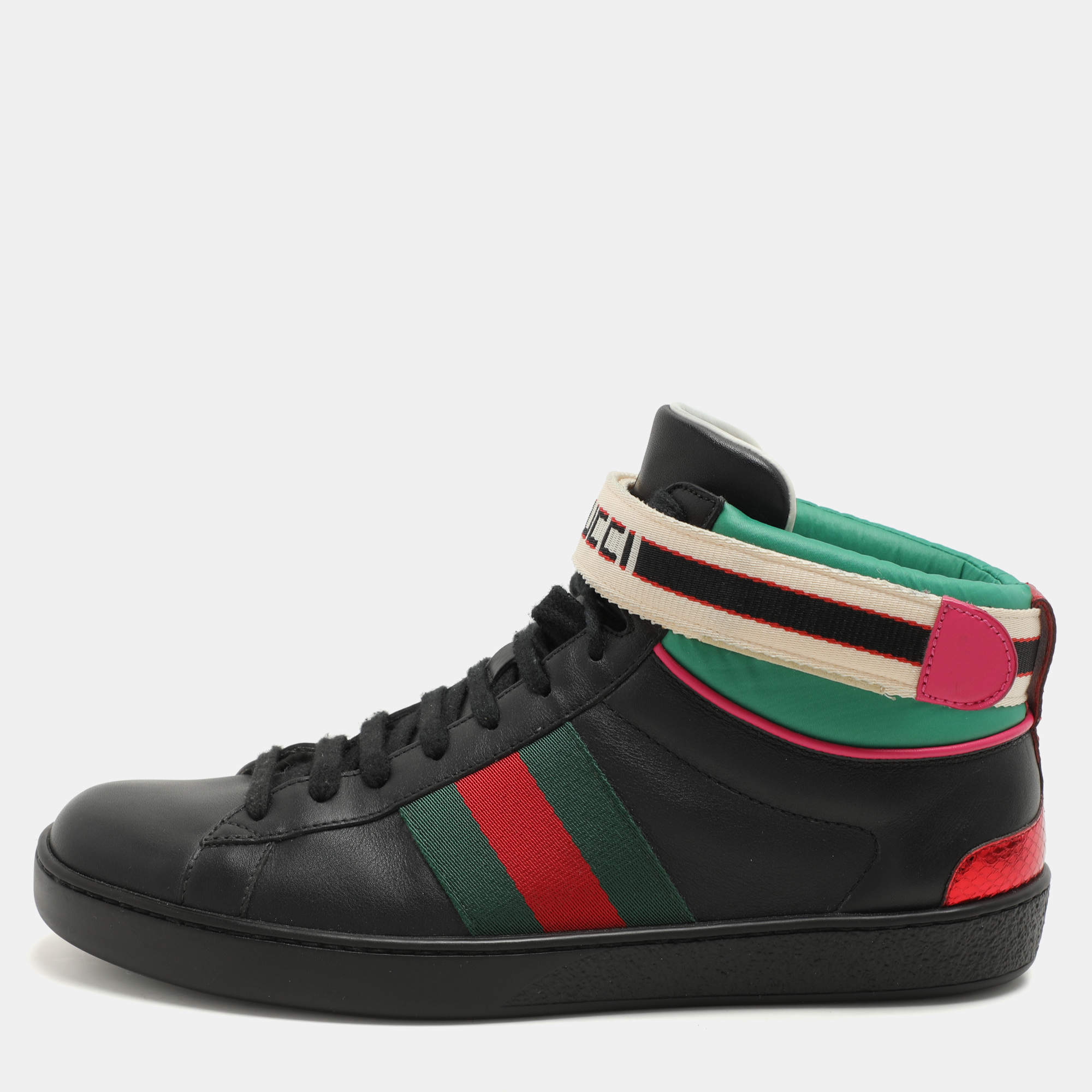 Gucci Black Leather Stripe Ace High Top Sneakers Size 39