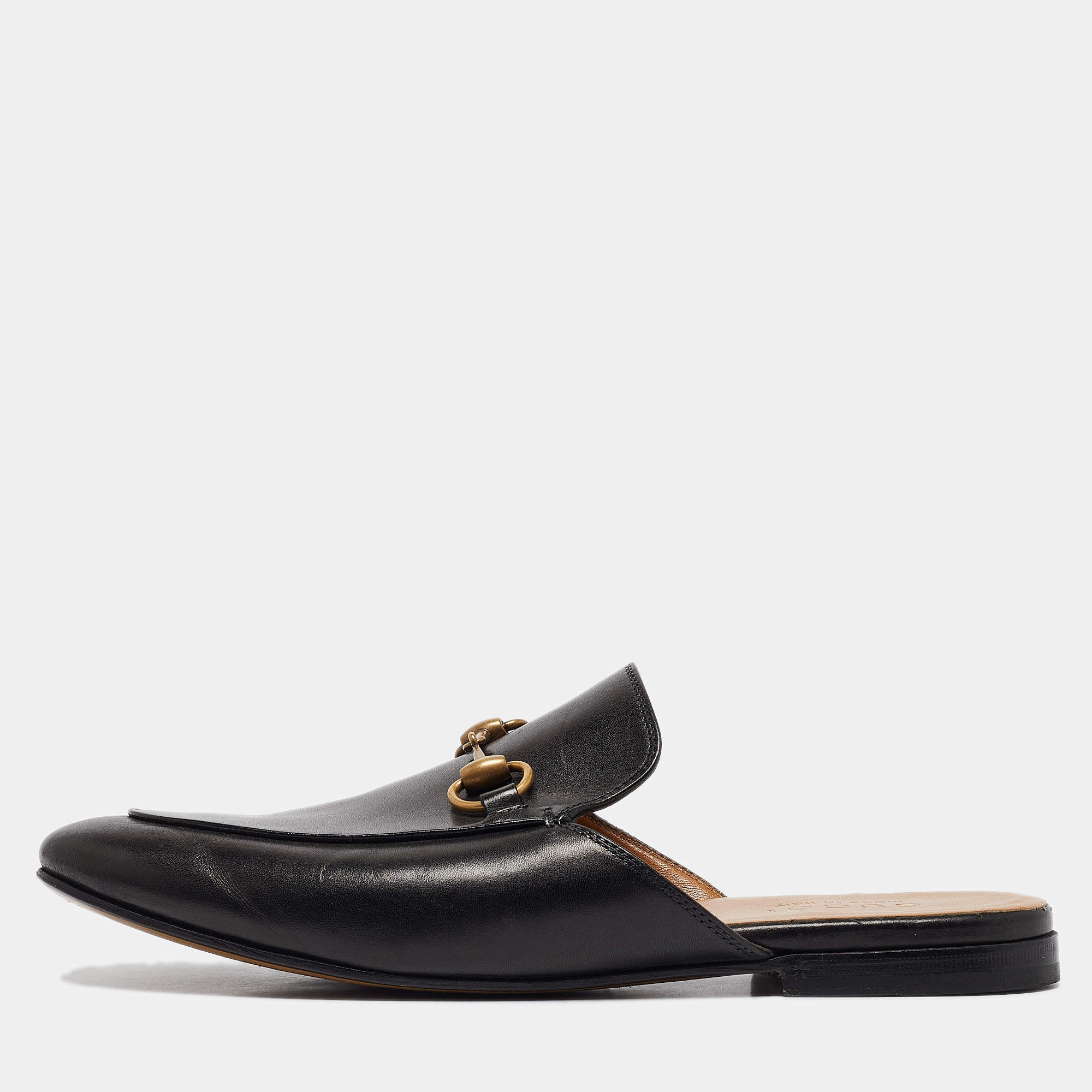 Pre Owned Gucci Black Leather Princetown Horsebit Flat Mules Size 40