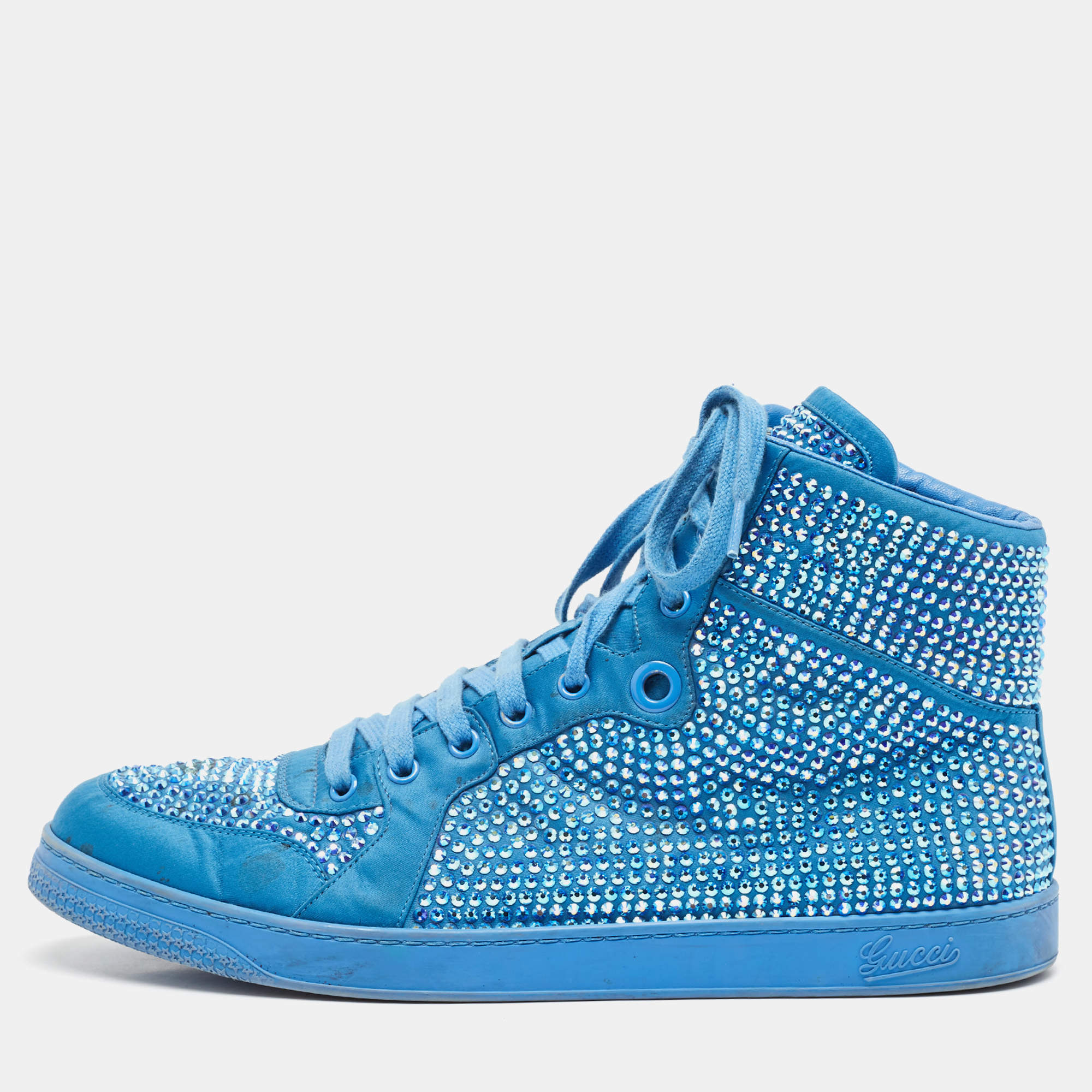 Gucci Blue Satin and Coda Crystals High Top Sneakers Size 44