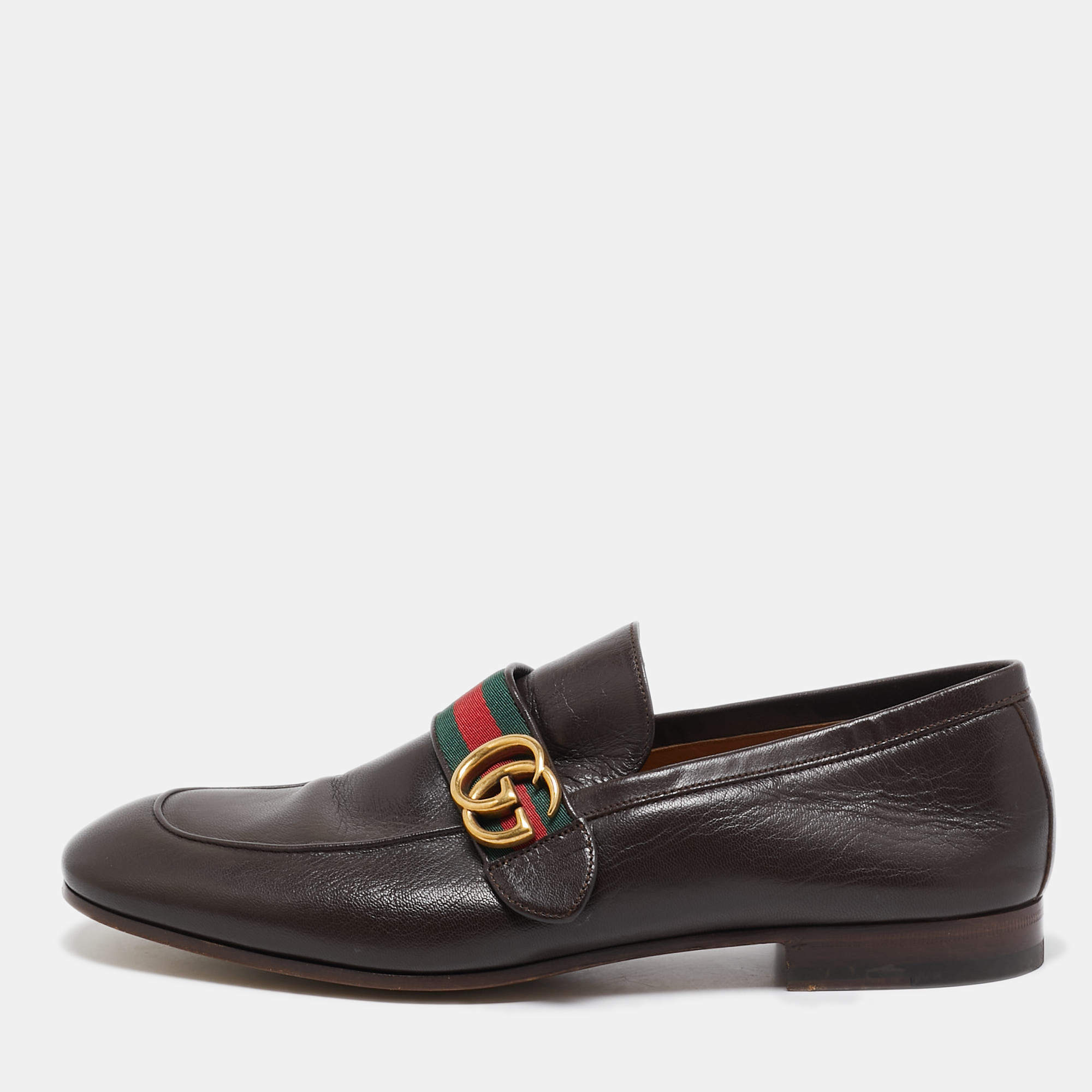 Pre Owned Gucci Brown Leather GG Web Penny Loafers Size 44