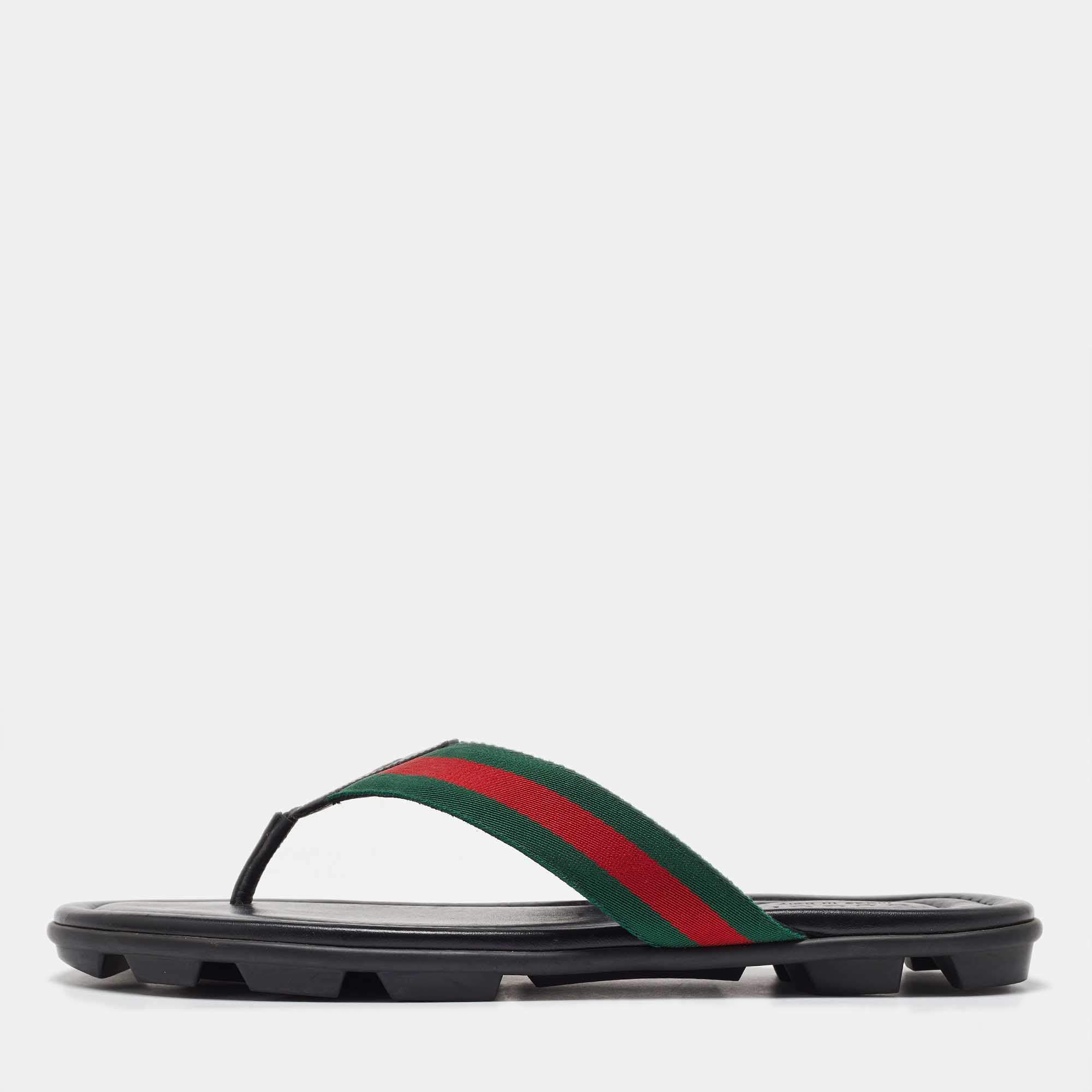 Pre Owned Gucci Black Leather Web Flat Thong Sandals Size 45