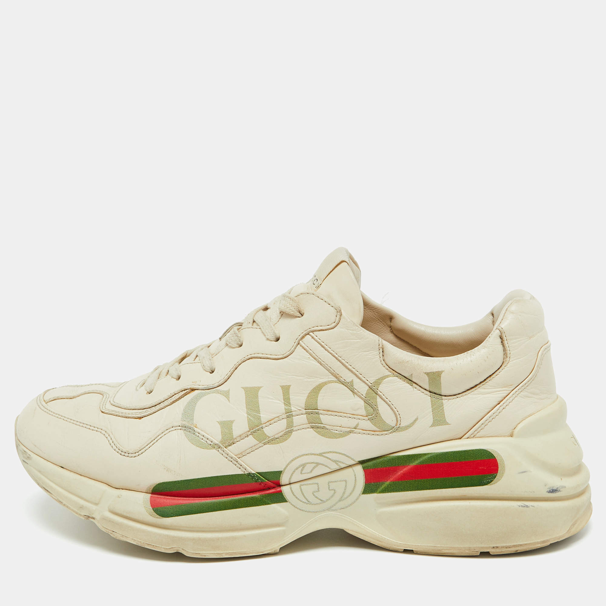 Gucci Cream Leather Rhyton Vintage Gucci Logo Sneakers Size 43.5