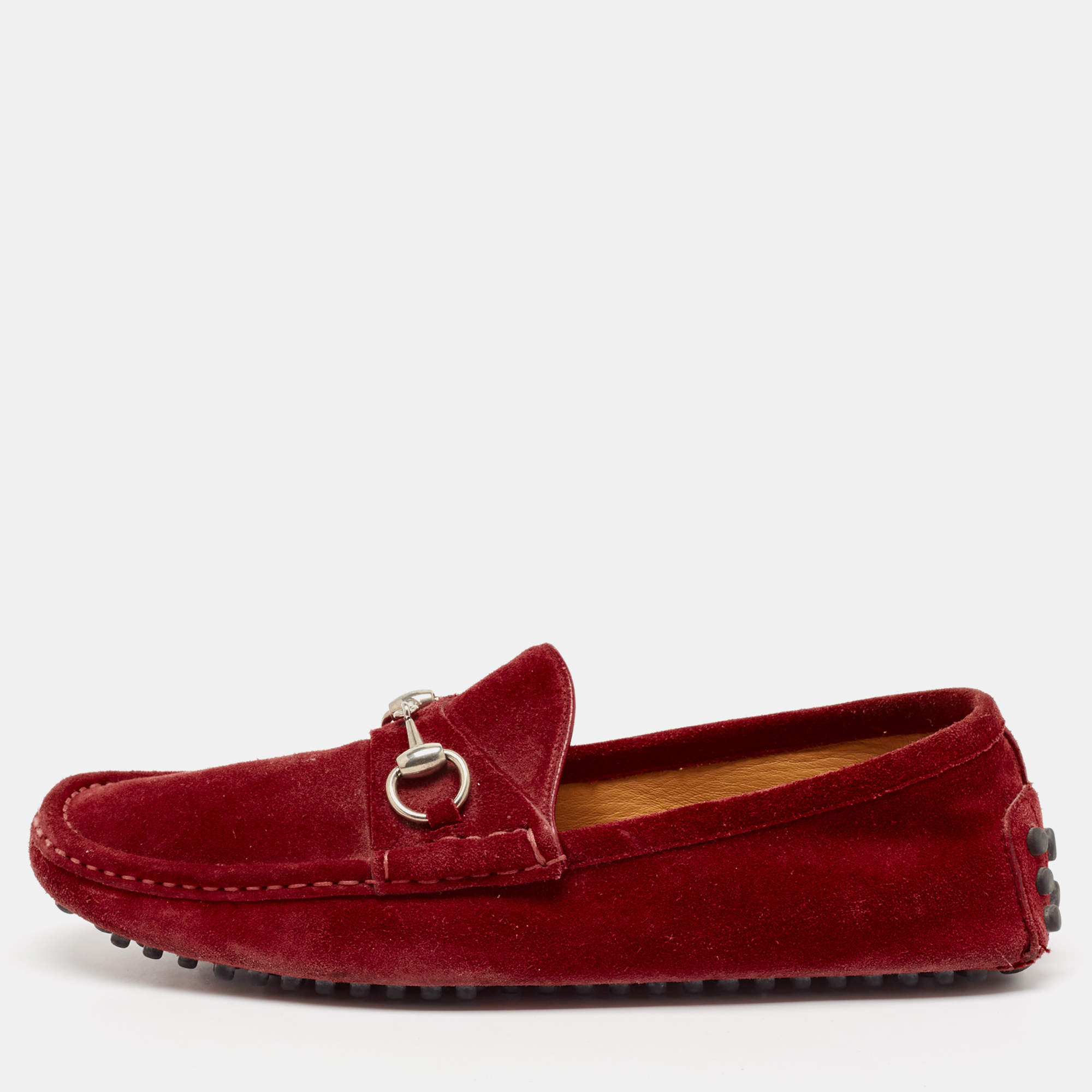 Gucci Red Suede Horsebit Slip On Loafers Size 41