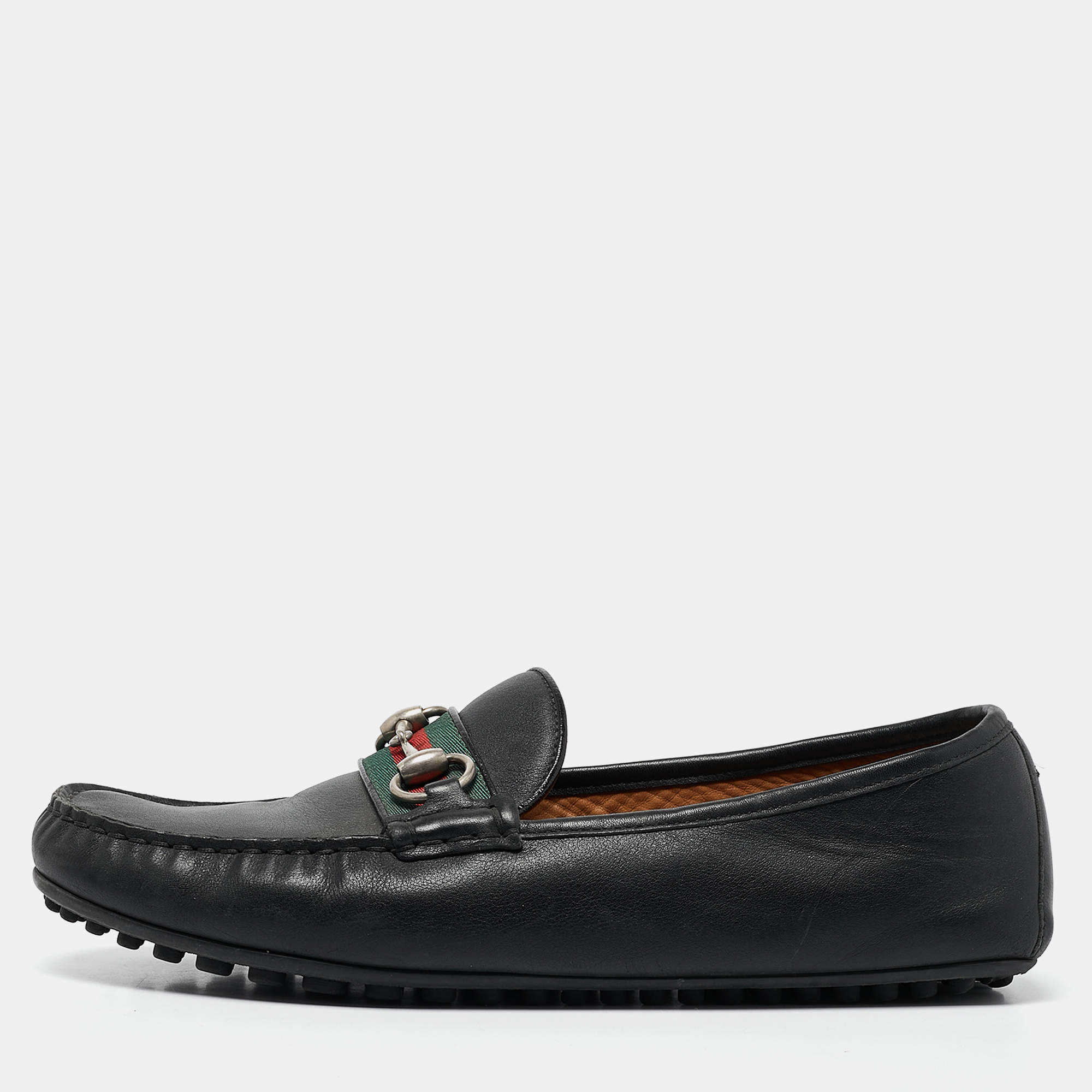 Gucci Black Leather Web Horsebit Loafers Size 42