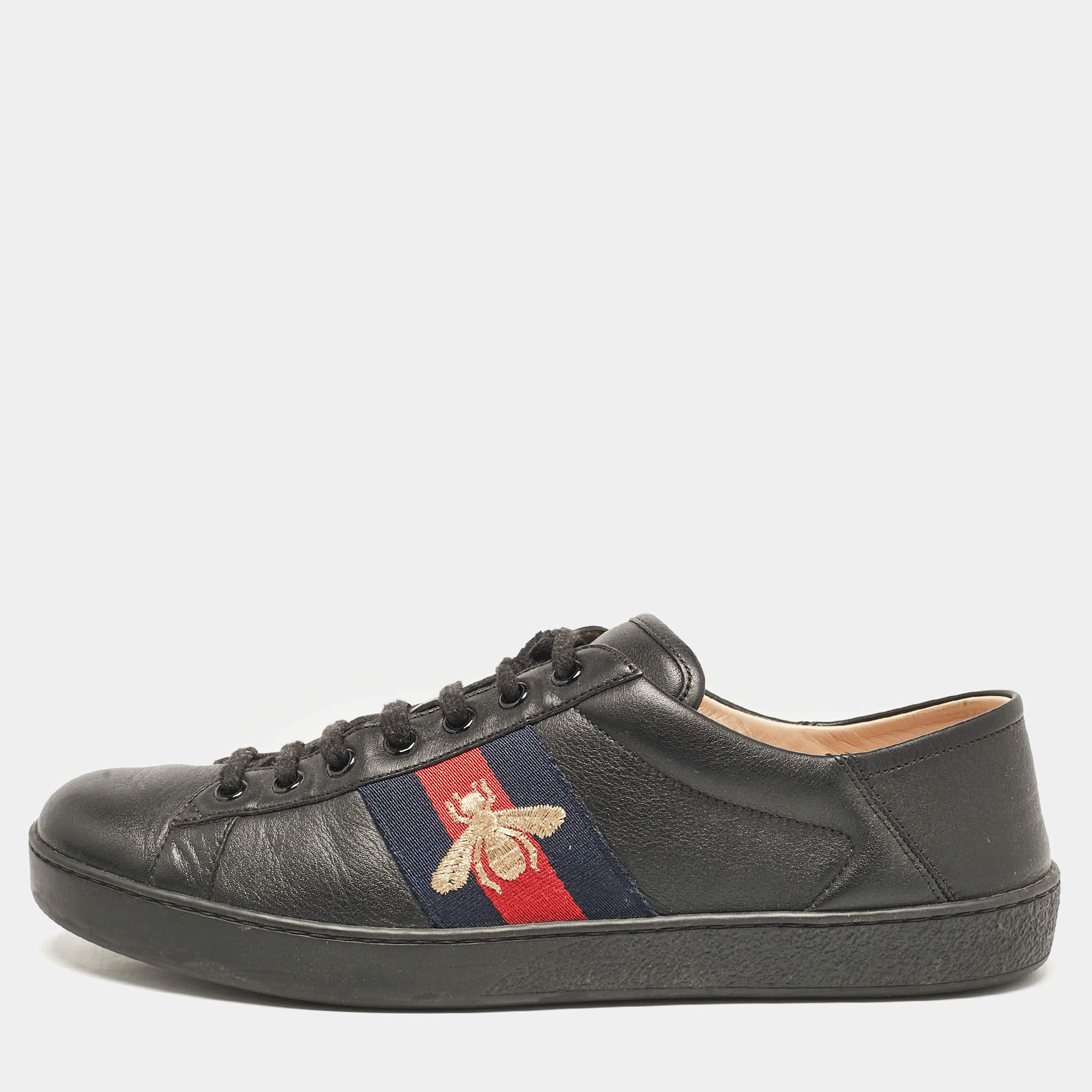 Gucci Black Leather Ace Bee Web Lace Up Sneakers Size 43