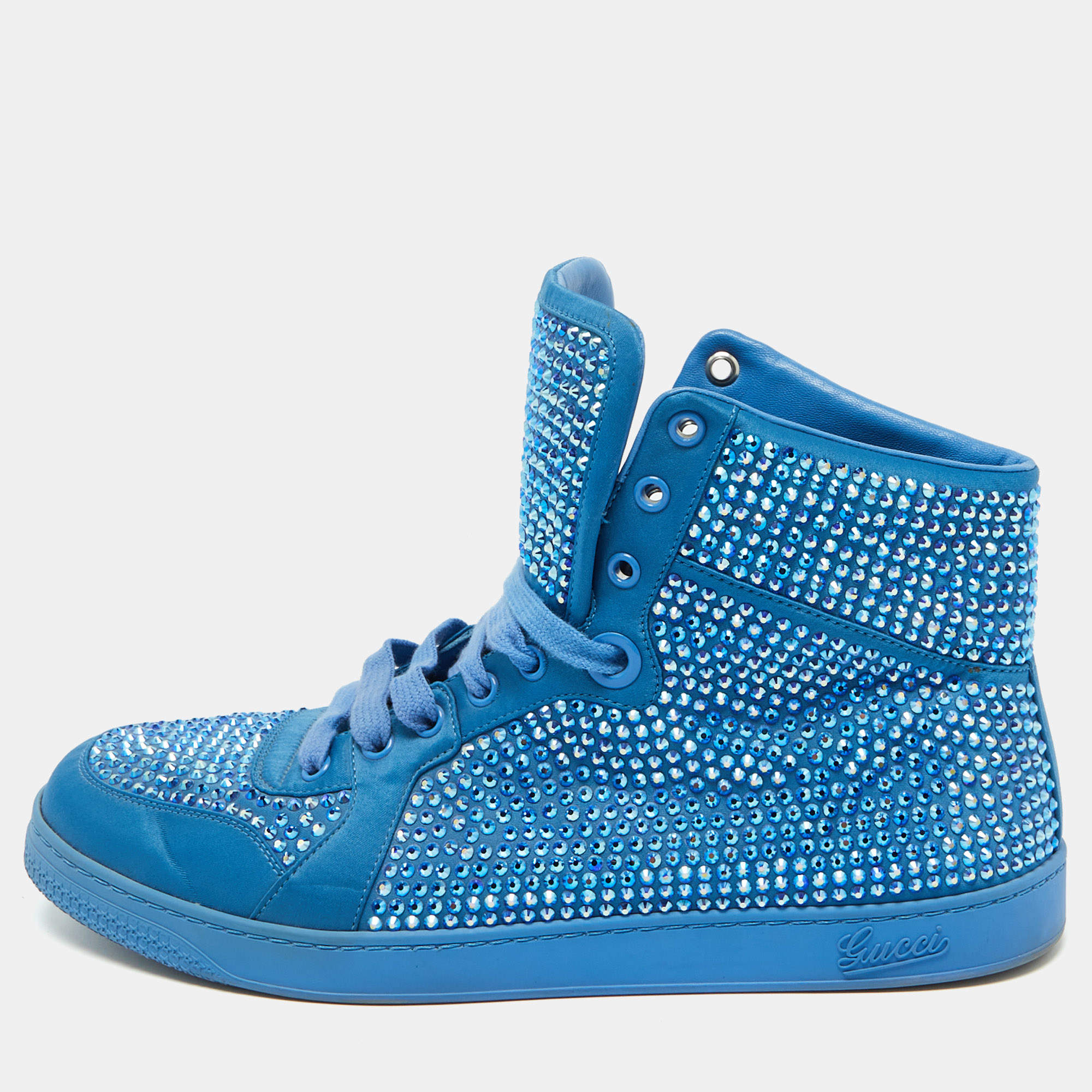 Gucci Blue Satin Coda Crystal Embellished High Top Sneakers Size 42