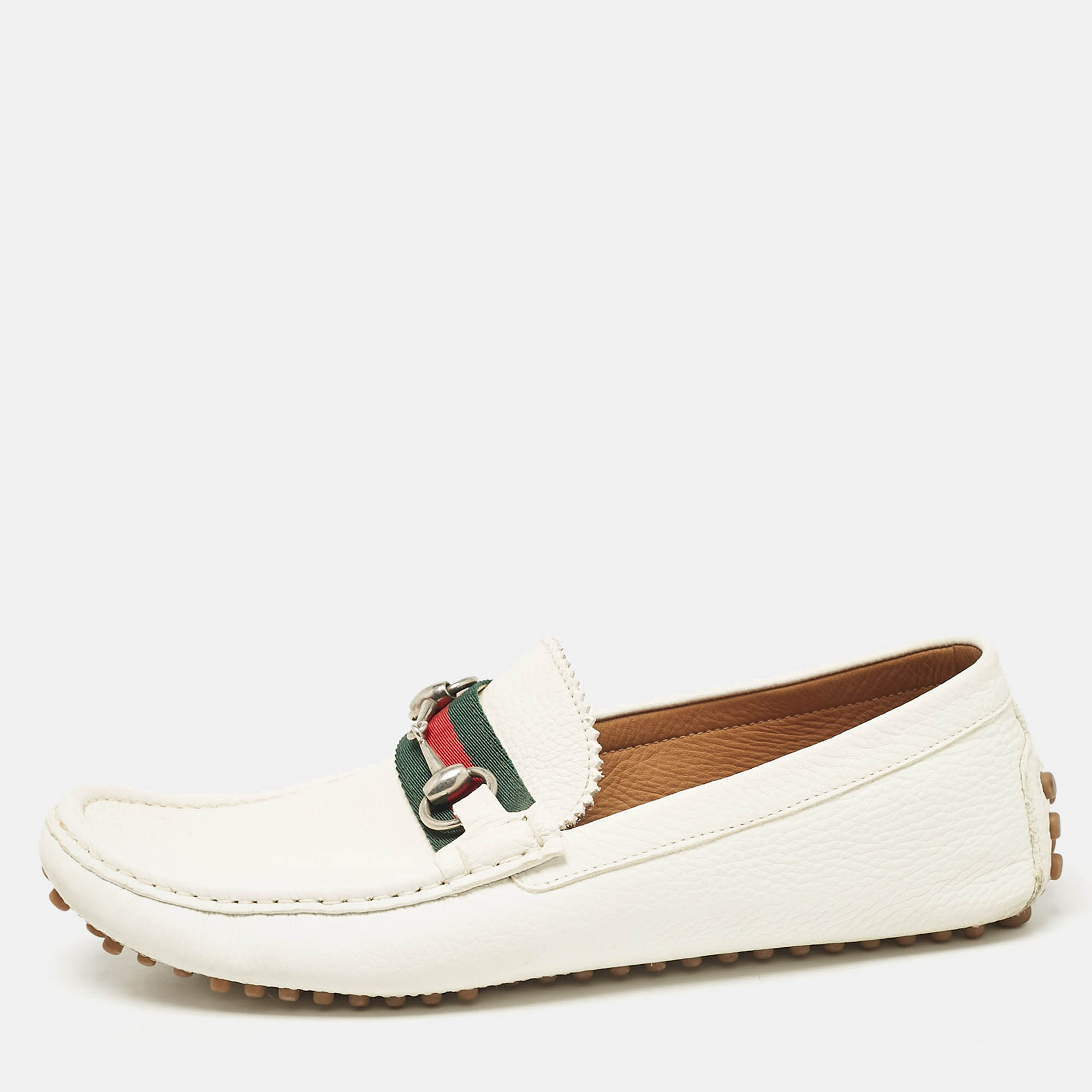 Gucci White Leather Web Slip On Loafers Size 41