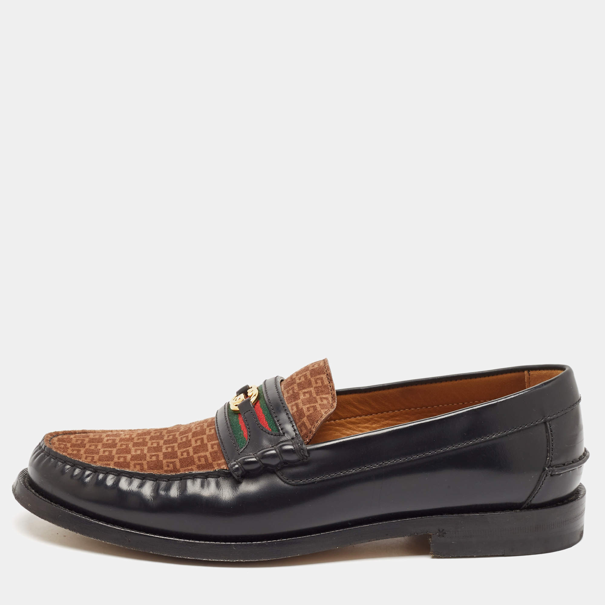 Gucci Black/Brown Canvas and Leather Interlocking G Logo Leather Loafers  Size 43